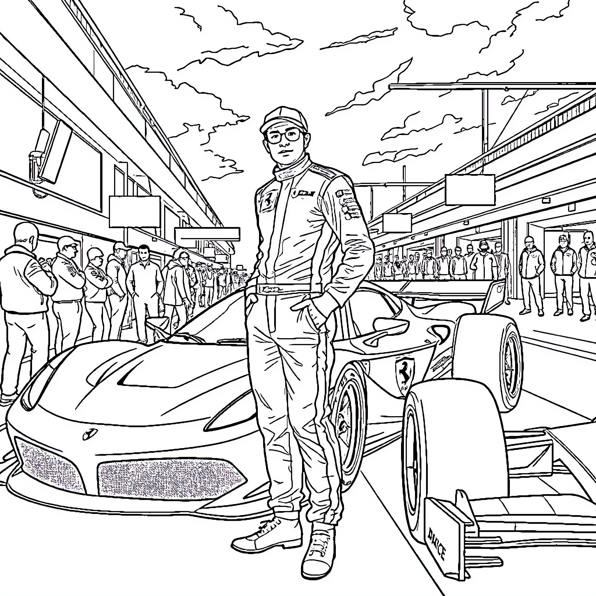 Charles Leclerc posing with his Formula 1 car Coloring Page (free black-and-white line drawing printable PDF for all, from beginners to advanced learners, including children, teens, adults, and seniors)