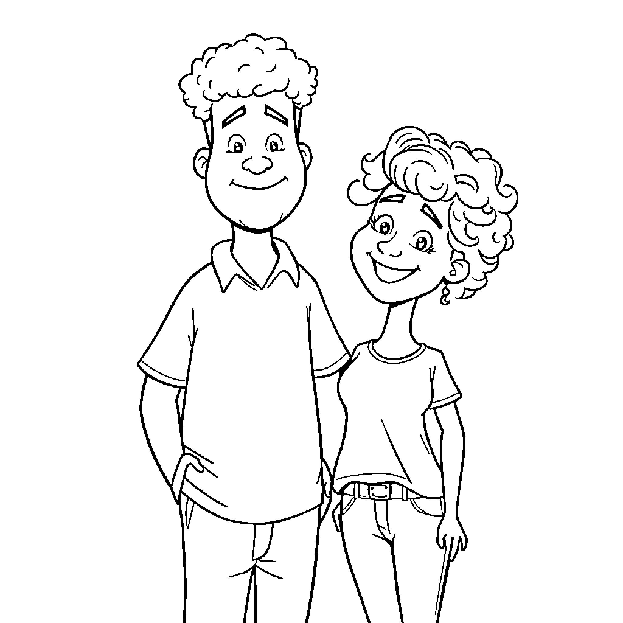 Plus Size People Smiling and Embracing Coloring Page (free black-and-white line drawing printable PDF for all, from beginners to advanced learners, including children, teens, adults, and seniors)