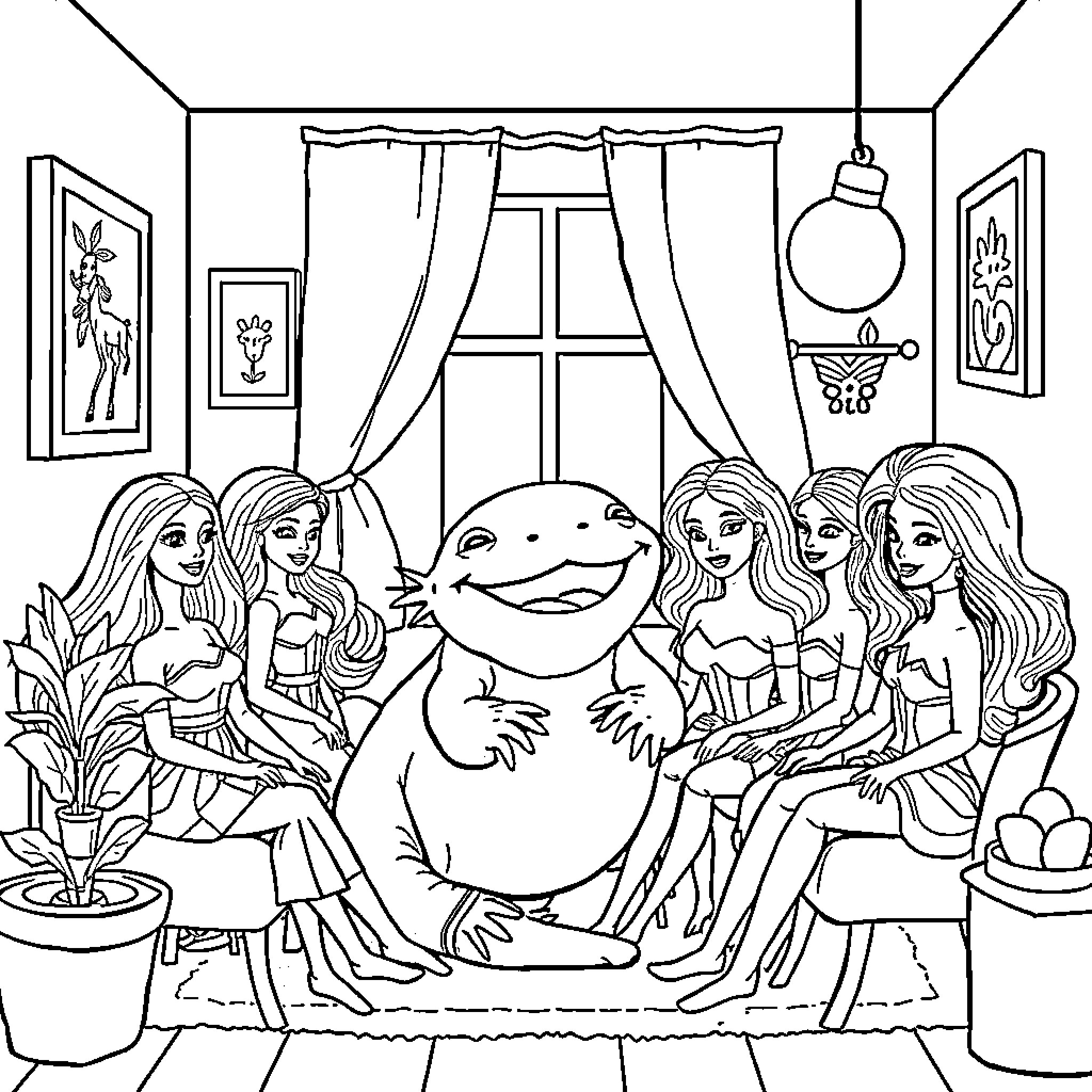Axolotl surrounded by women in a cozy interior Coloring Page (free black-and-white line drawing printable PDF for all, from beginners to advanced learners, including children, teens, adults, and seniors)