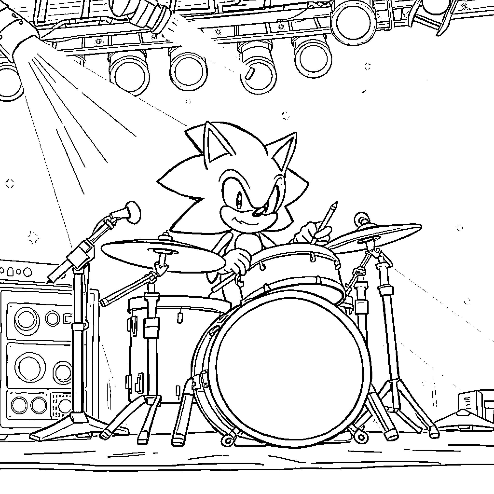 Sonic performing on a stage with musical instruments Coloring Page (free black-and-white line drawing printable PDF for all, from beginners to advanced learners, including children, teens, adults, and seniors)