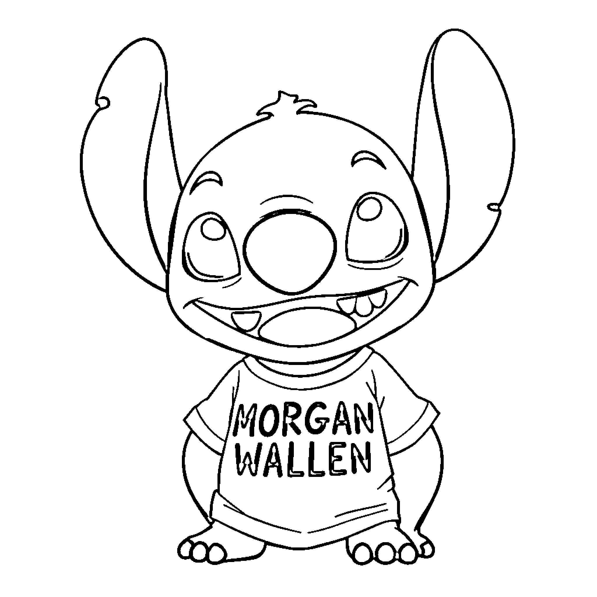 Stitch wearing Morgan Wallen t-shirt Coloring Page (free black-and-white line drawing printable PDF for all, from beginners to advanced learners, including children, teens, adults, and seniors)