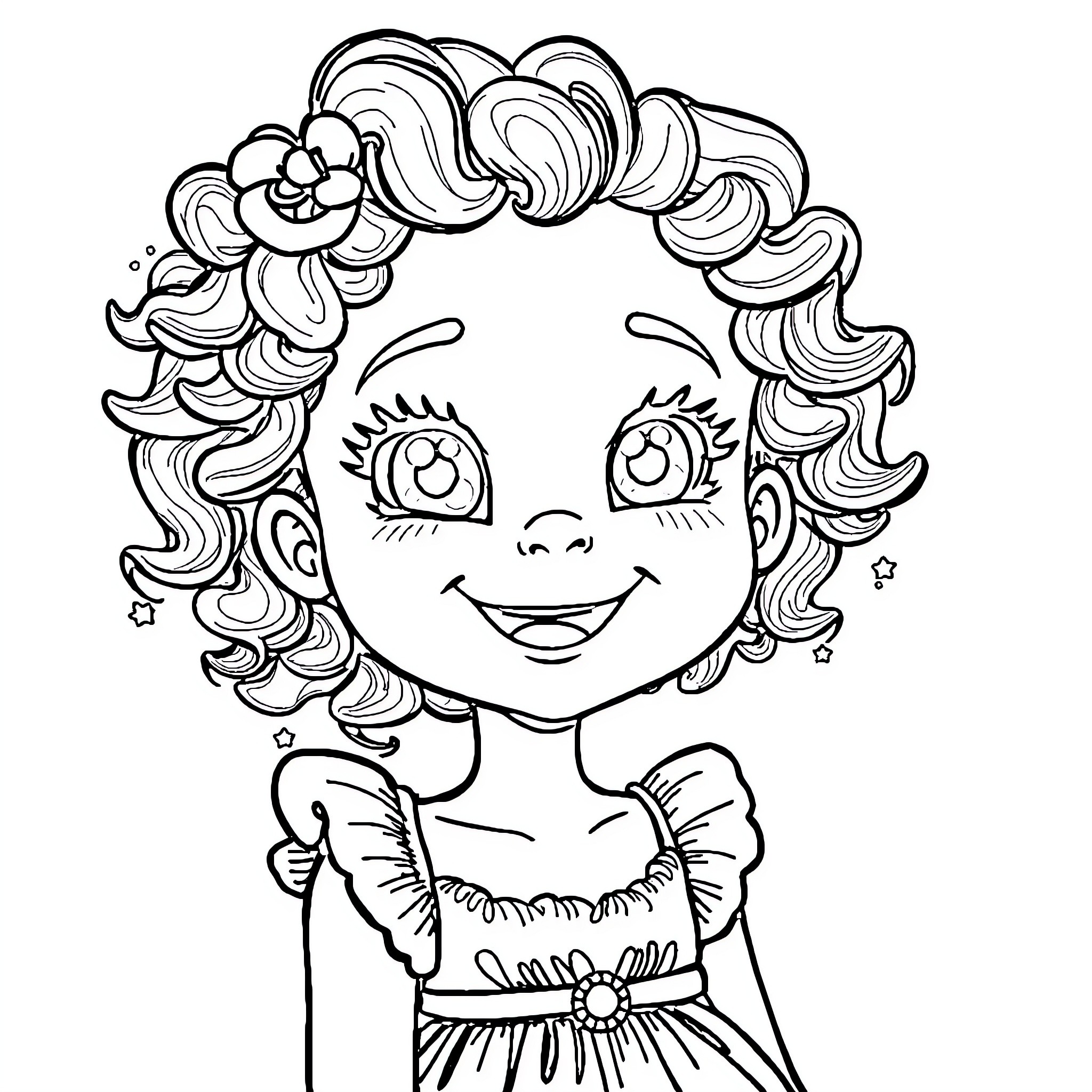 Sussie's Cheerful Expression and Floral Headpiece Coloring Page (free black-and-white line drawing printable PDF for all, from beginners to advanced learners, including children, teens, adults, and seniors)