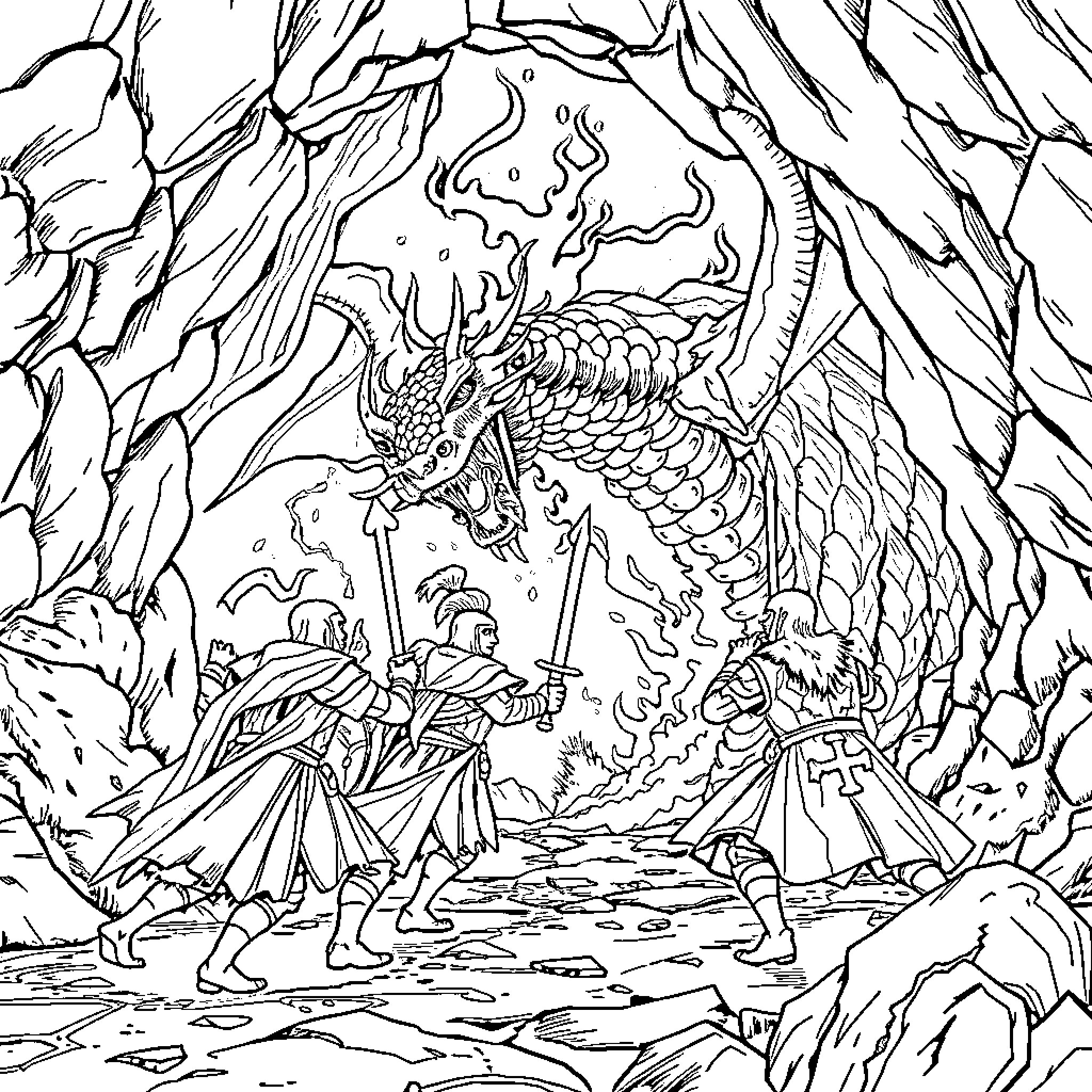 Dragon warriors battling in a treacherous cave Coloring Page (free black-and-white line drawing printable PDF for all, from beginners to advanced learners, including children, teens, adults, and seniors)
