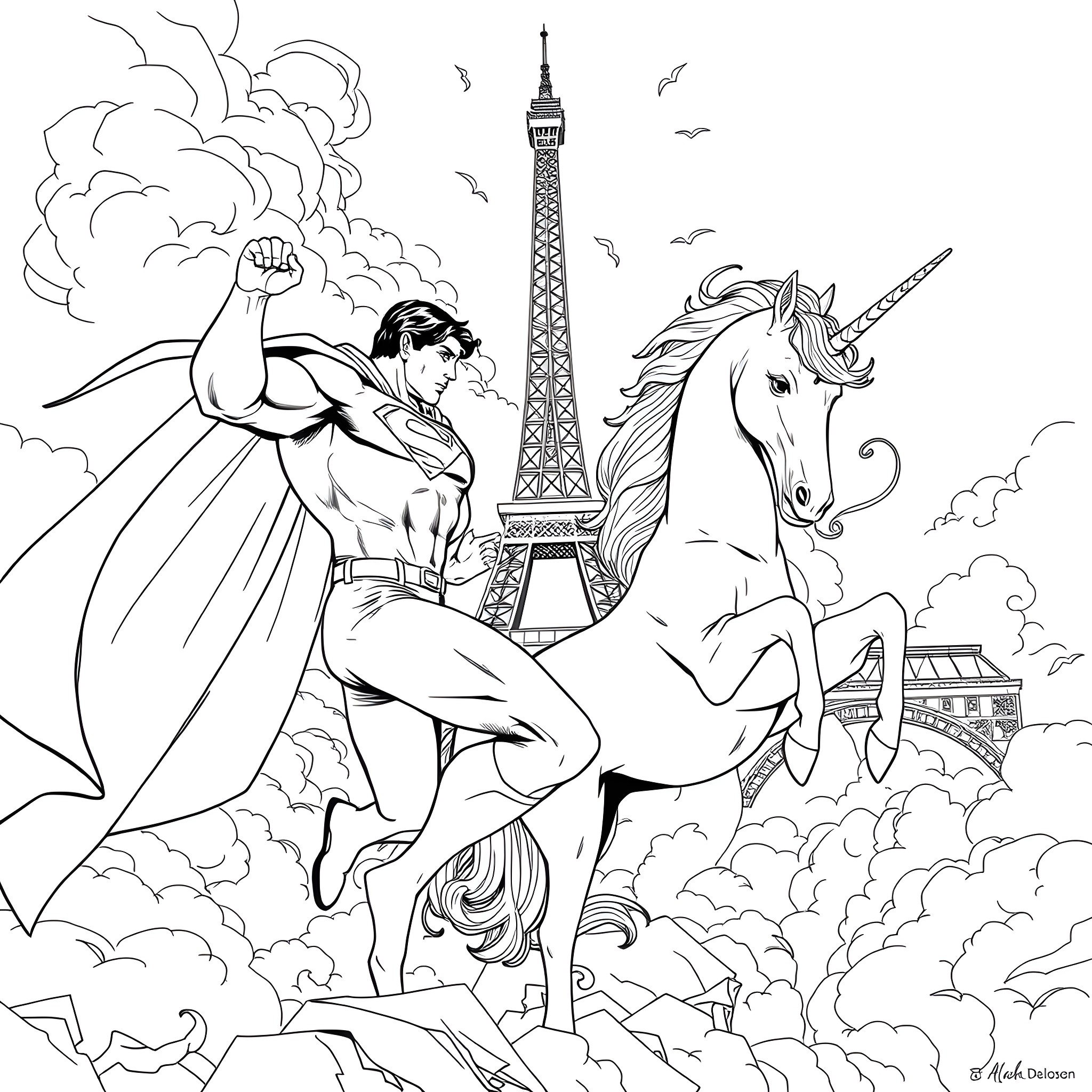 Superman battles a unicorn in front of the Eiffel Tower Coloring Page (free black-and-white line drawing printable PDF for all, from beginners to advanced learners, including children, teens, adults, and seniors)