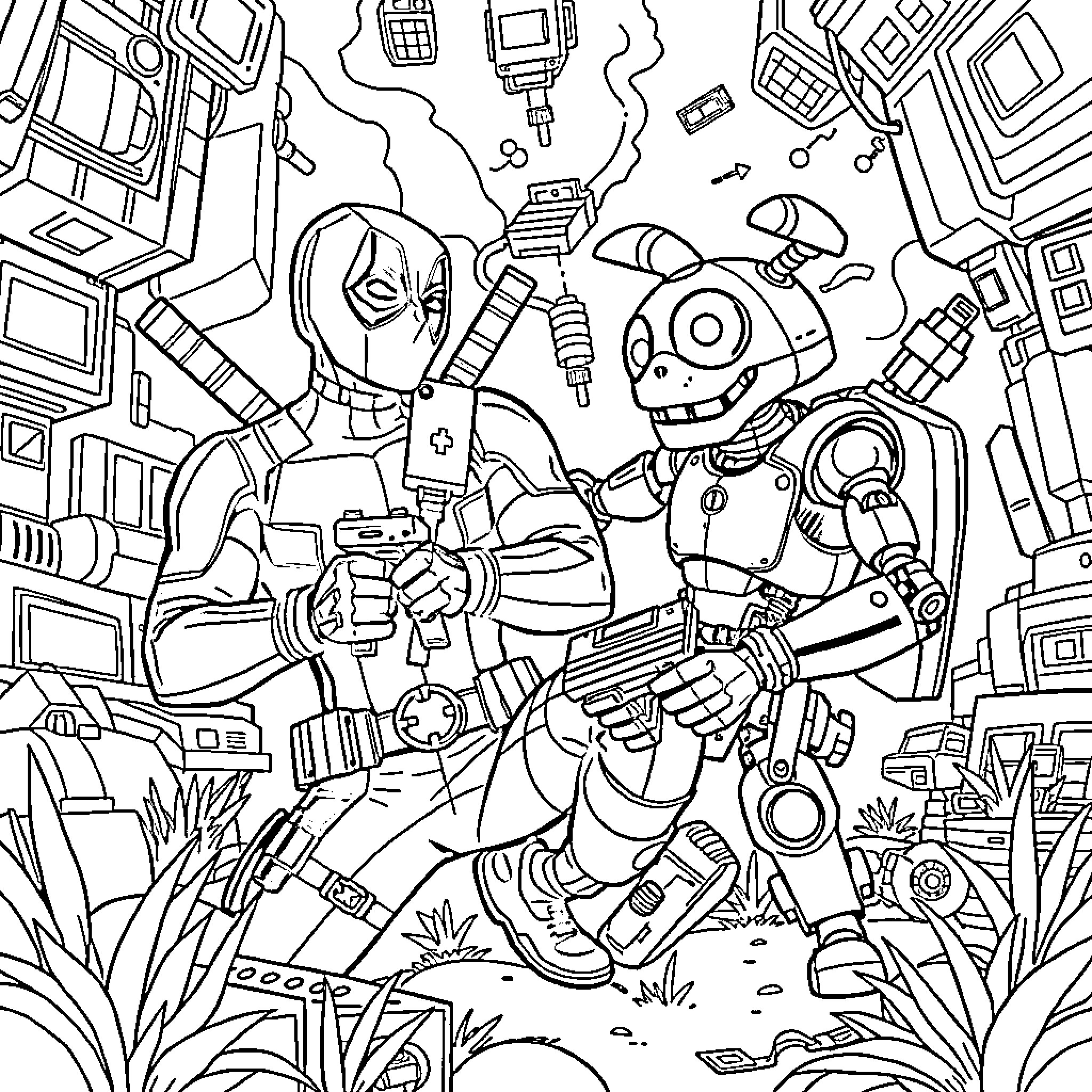 Deadpool's Chaotic Adventure with Robotic Companions Coloring Page (free black-and-white line drawing printable PDF for all, from beginners to advanced learners, including children, teens, adults, and seniors)