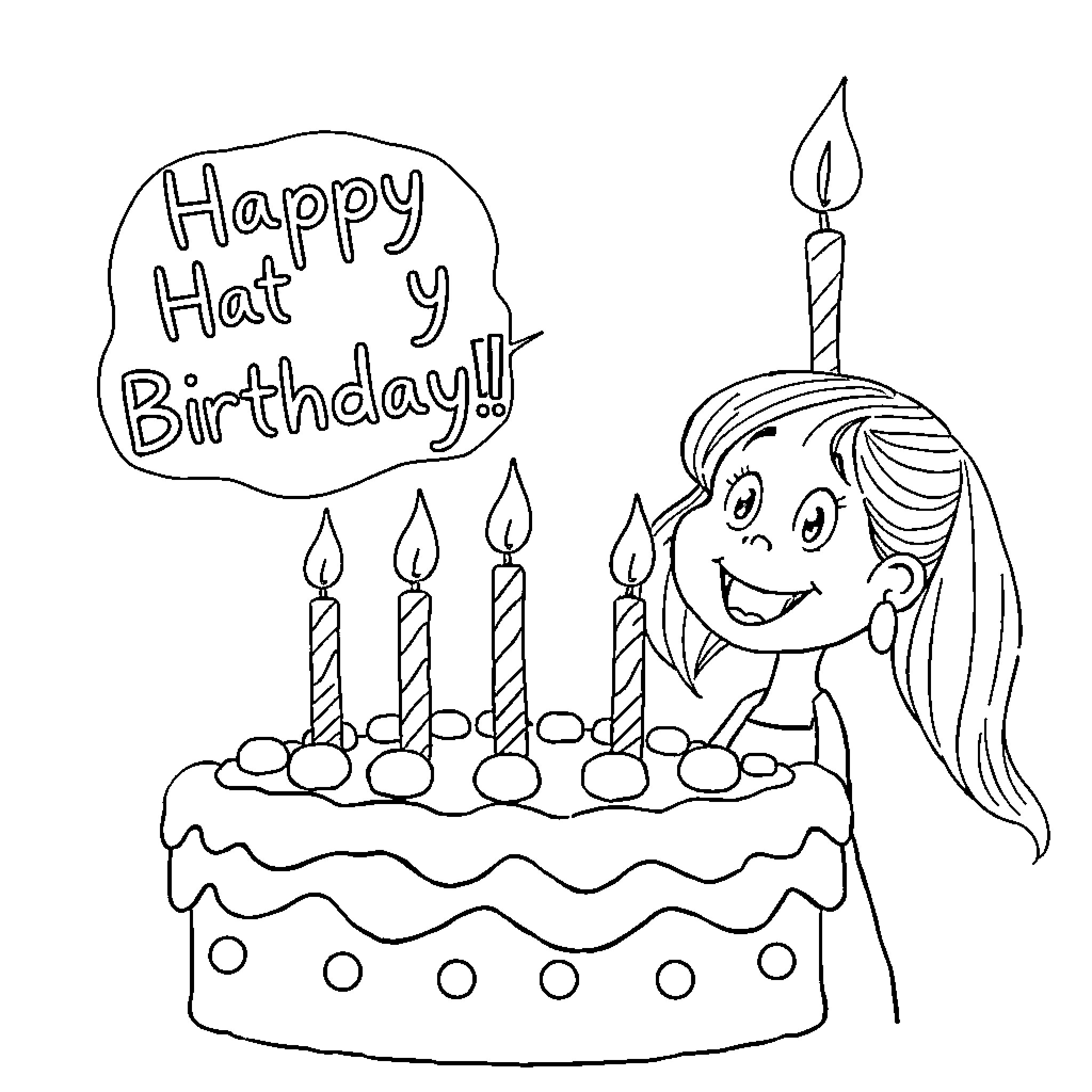 Cake with happy birthday wishes and candles Coloring Page (free black-and-white line drawing printable PDF for all, from beginners to advanced learners, including children, teens, adults, and seniors)
