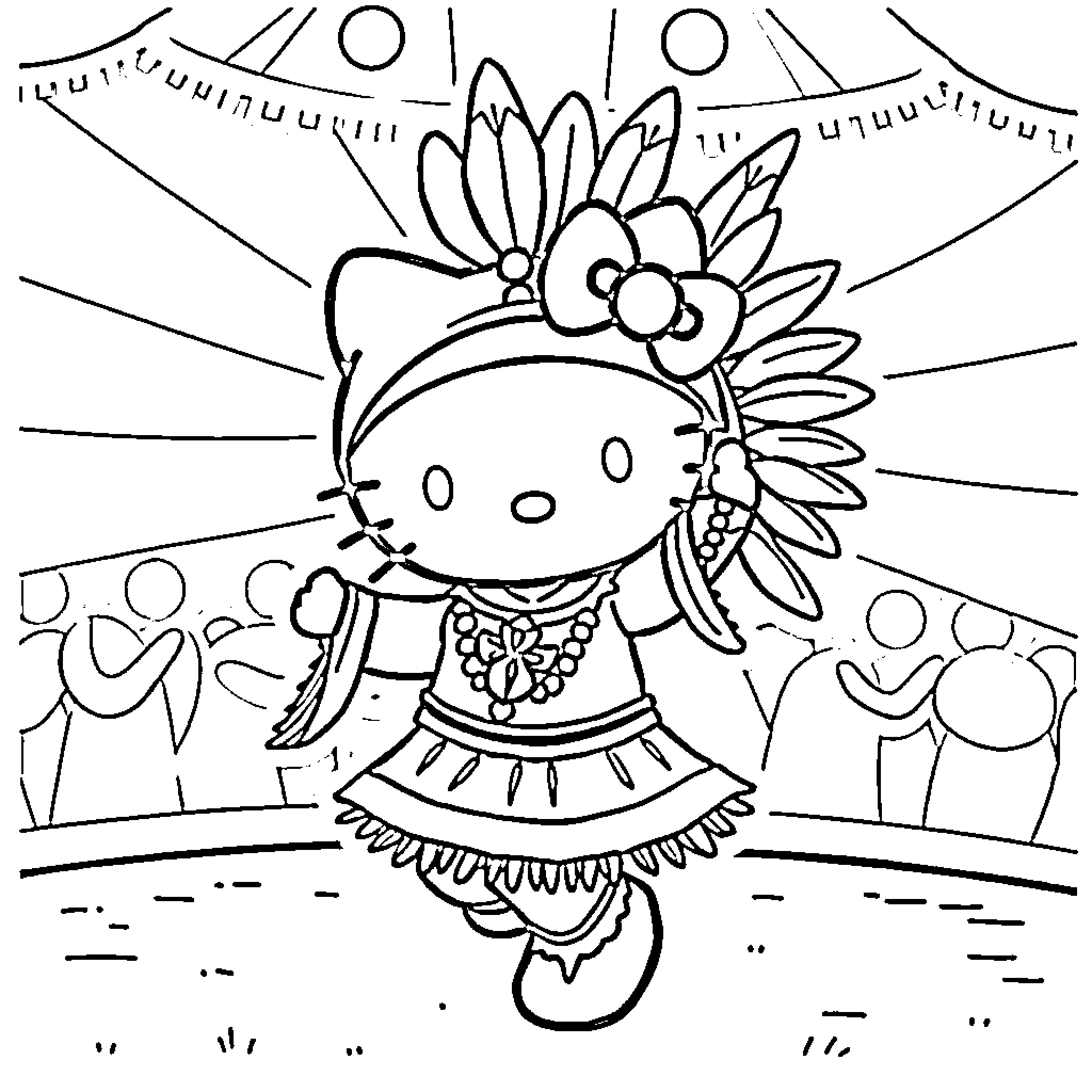 Hello Kitty Dancing in Tribal Costume Coloring Page (free black-and-white line drawing printable PDF for all, from beginners to advanced learners, including children, teens, adults, and seniors)