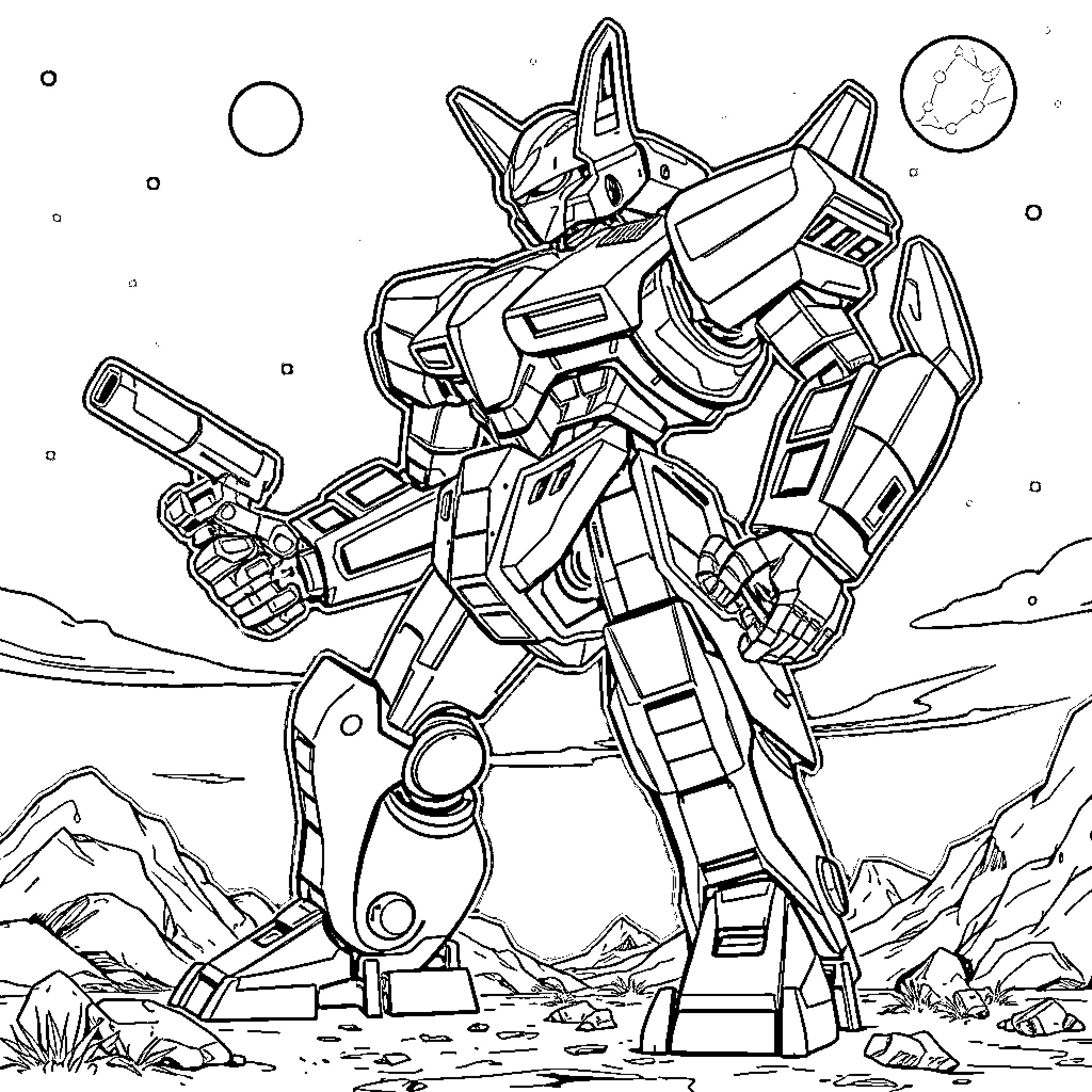 Coyote mech warrior in a rocky landscape Coloring Page (free black-and-white line drawing printable PDF for all, from beginners to advanced learners, including children, teens, adults, and seniors)