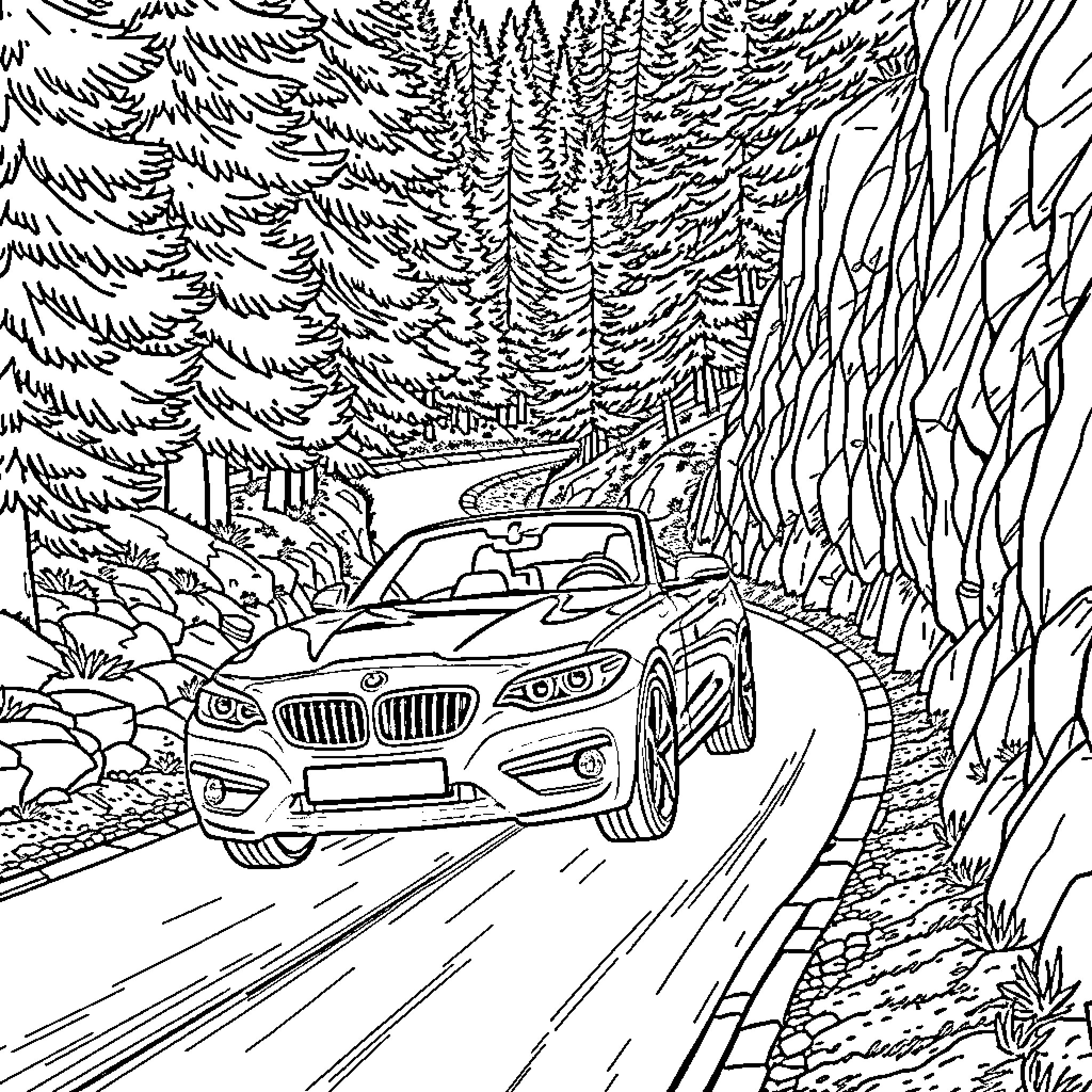Bmw Z3 racing through the winding mountain road Coloring Page (free black-and-white line drawing printable PDF for all, from beginners to advanced learners, including children, teens, adults, and seniors)
