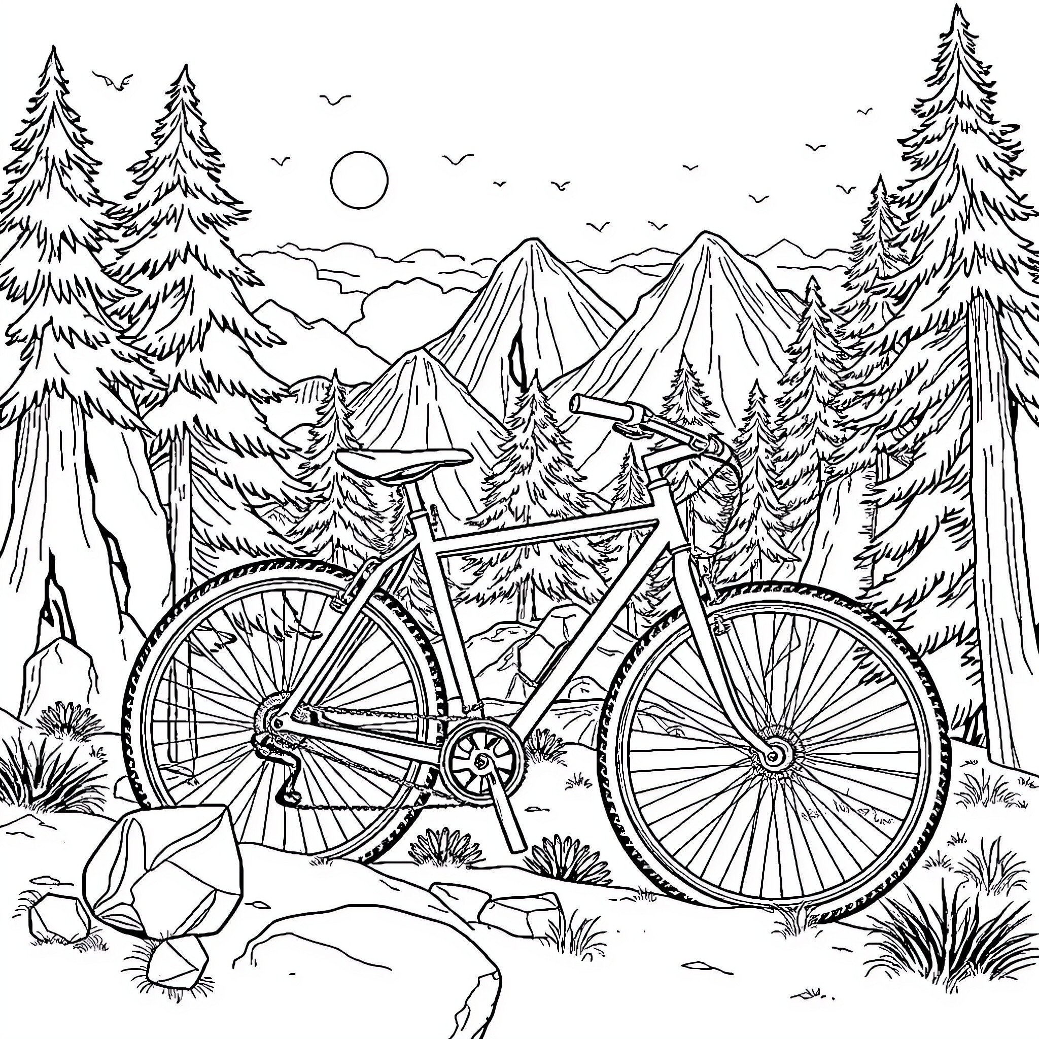 Bicicleta in the Wilderness Adventure Coloring Page (free black-and-white line drawing printable PDF for all, from beginners to advanced learners, including children, teens, adults, and seniors)
