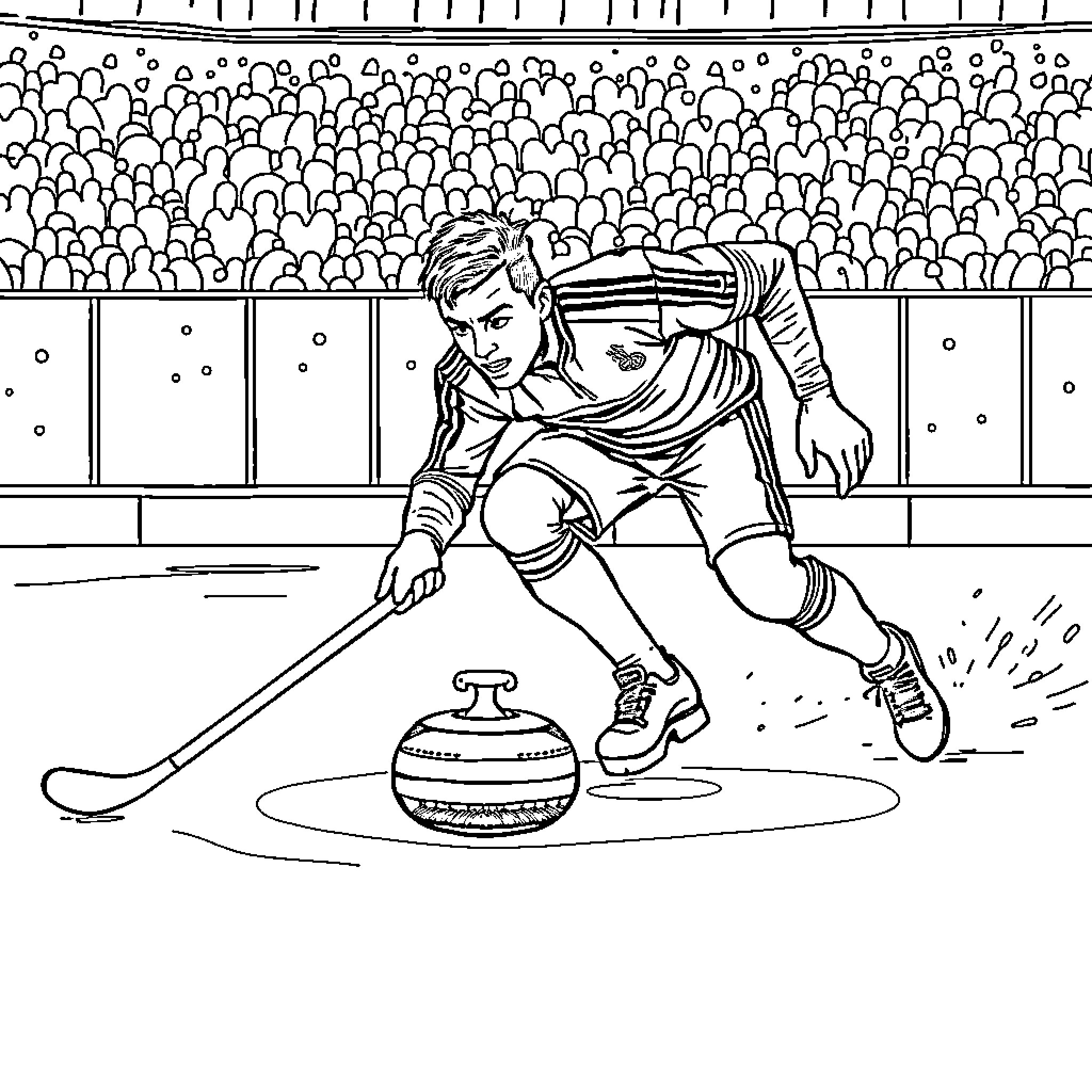 Ronaldo Competing in Curling Match Coloring Page (free black-and-white line drawing printable PDF for all, from beginners to advanced learners, including children, teens, adults, and seniors)