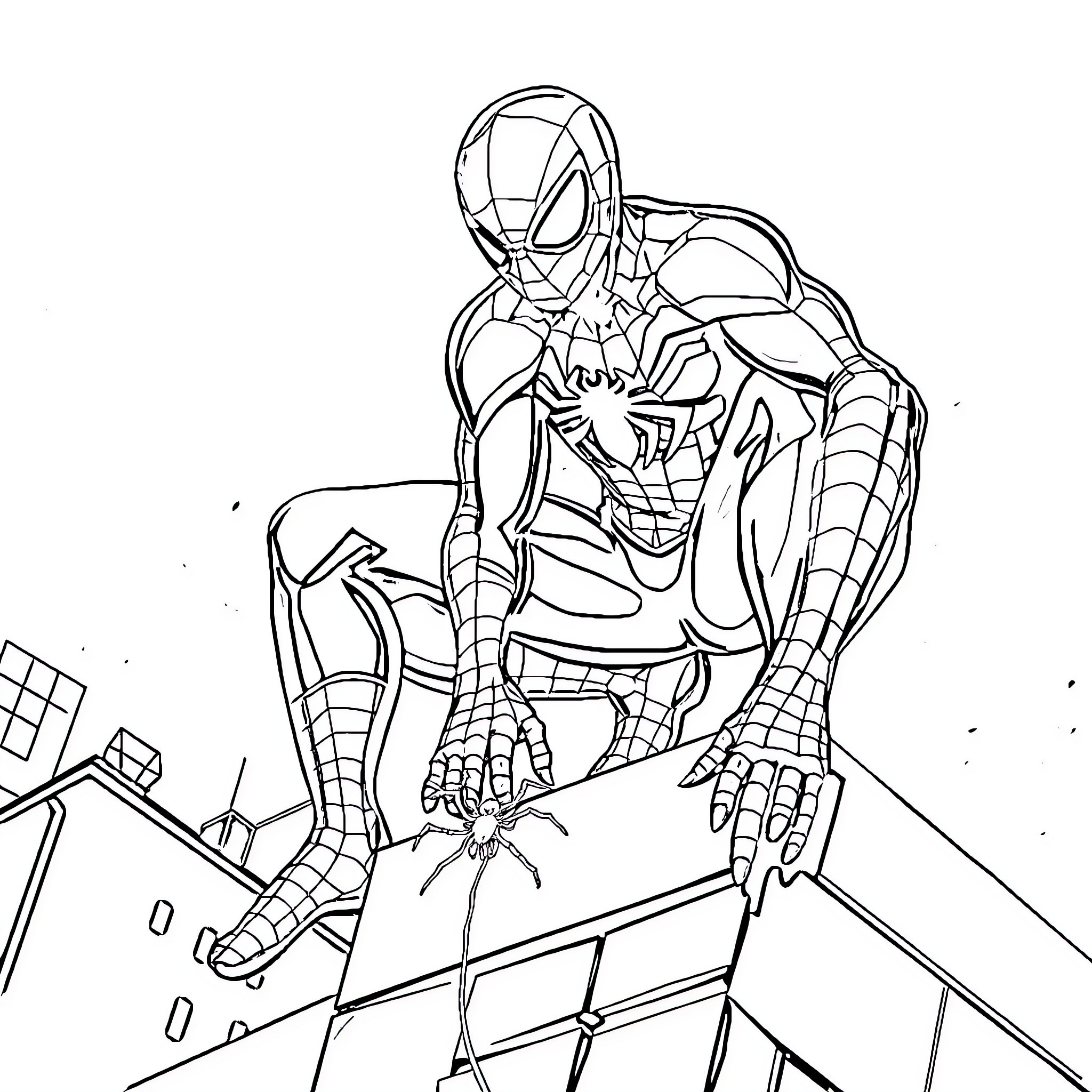 Spider-Man Crouching on Building's Ledge Coloring Page (free black-and-white line drawing printable PDF for all, from beginners to advanced learners, including children, teens, adults, and seniors)