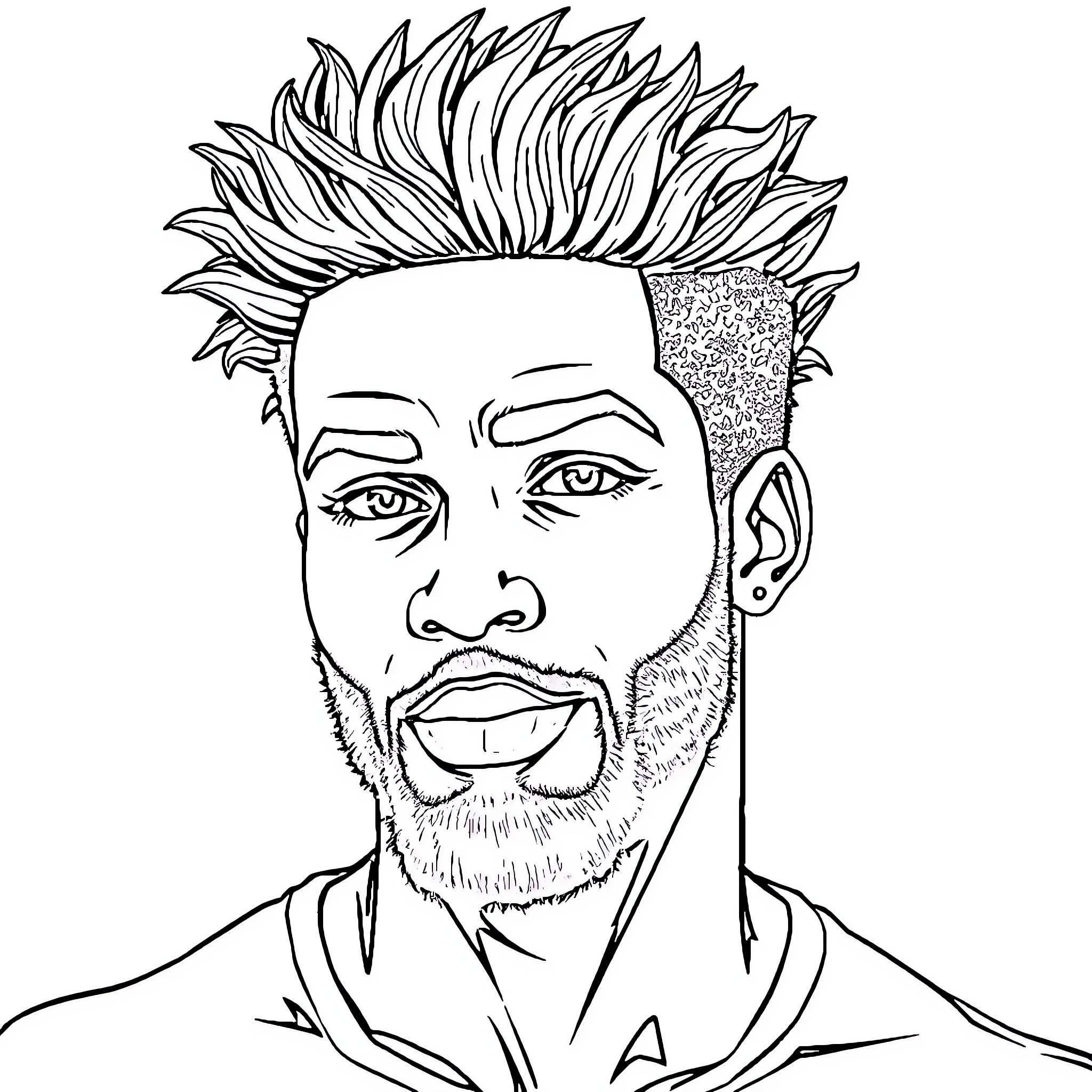 Afrodescendant man's expressive portrait Coloring Page (free black-and-white line drawing printable PDF for all, from beginners to advanced learners, including children, teens, adults, and seniors)