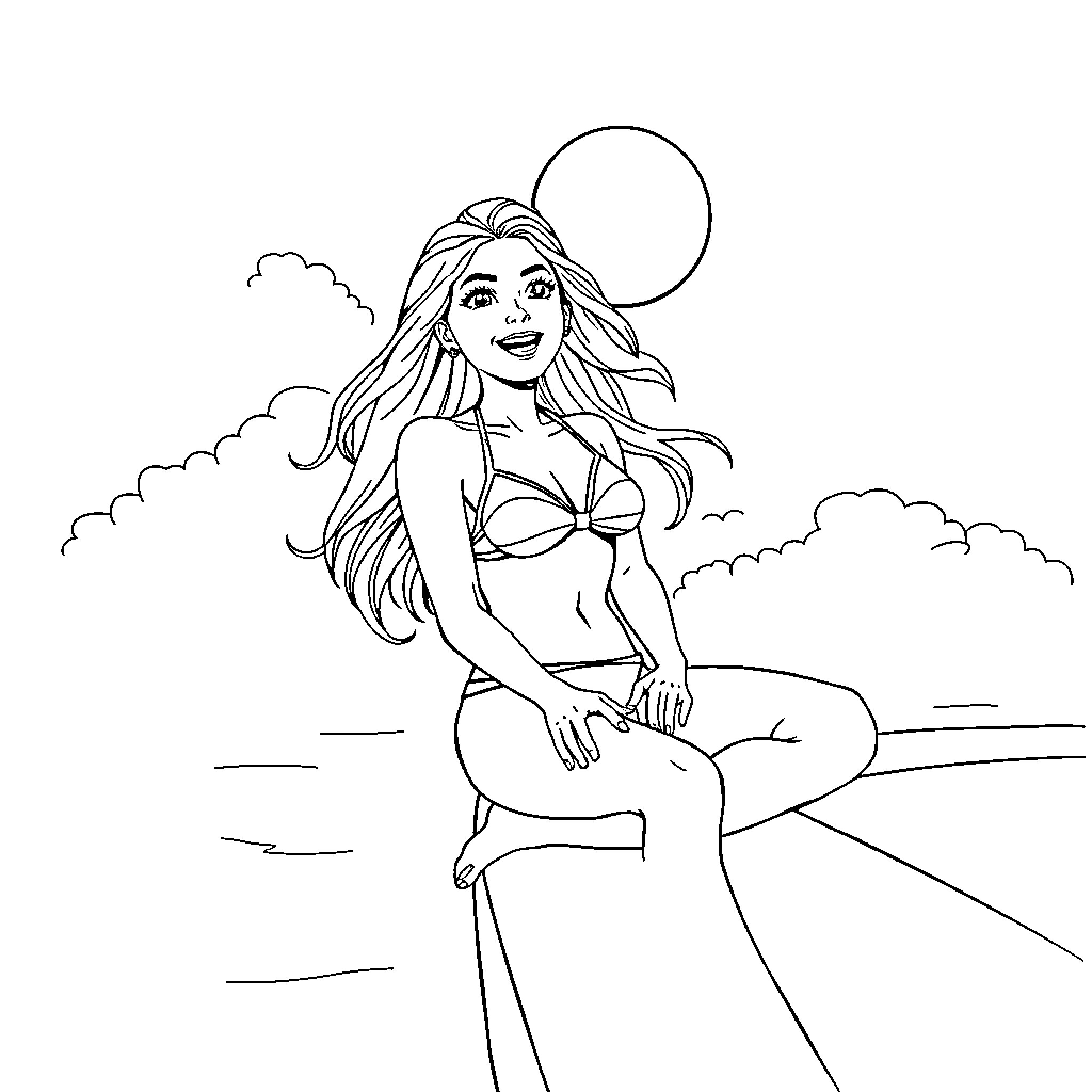 Bikini Girl relaxing on the beach Coloring Page (free black-and-white line drawing printable PDF for all, from beginners to advanced learners, including children, teens, adults, and seniors)