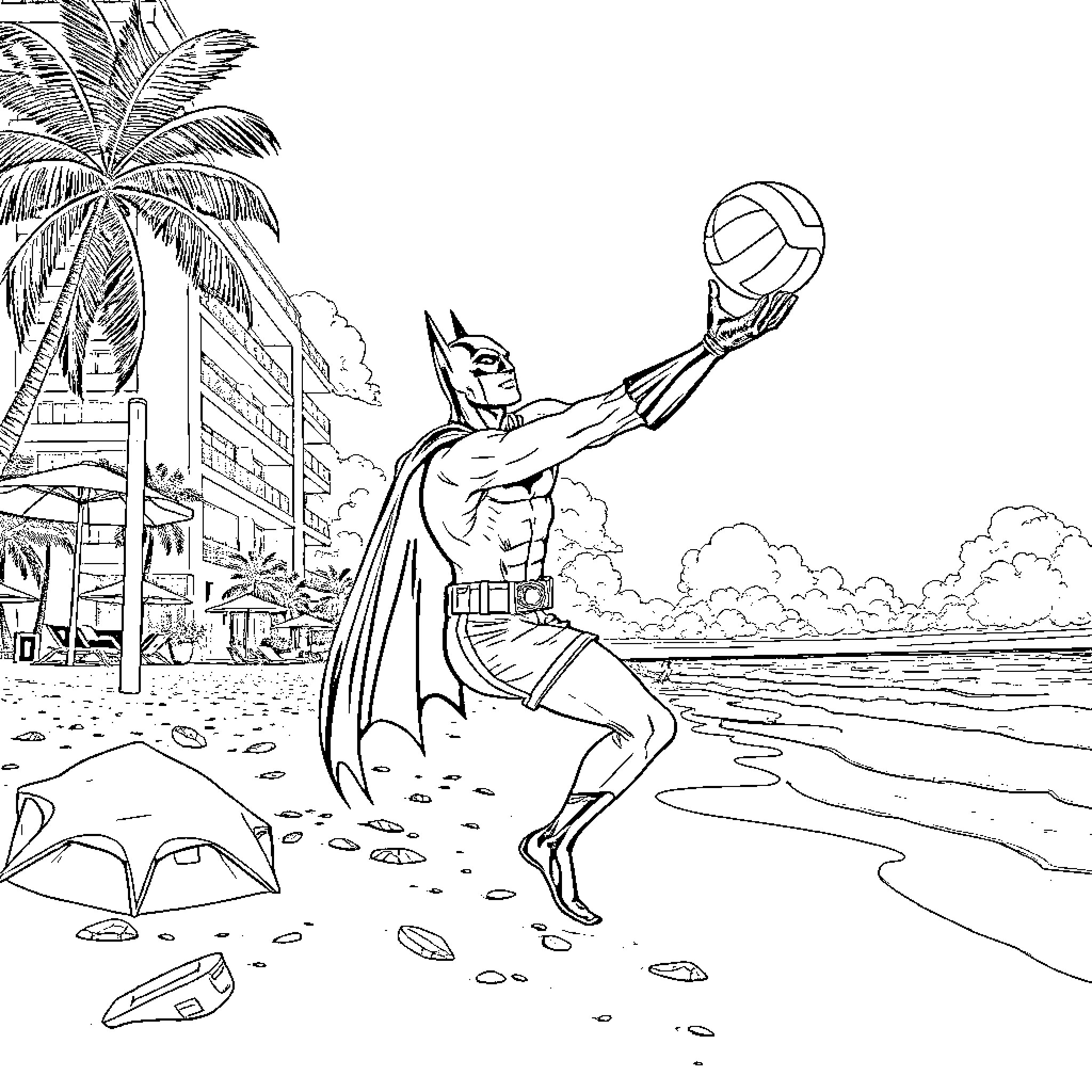 Batman Playing Beach Volleyball on Tropical Shoreline Coloring Page (free black-and-white line drawing printable PDF for all, from beginners to advanced learners, including children, teens, adults, and seniors)