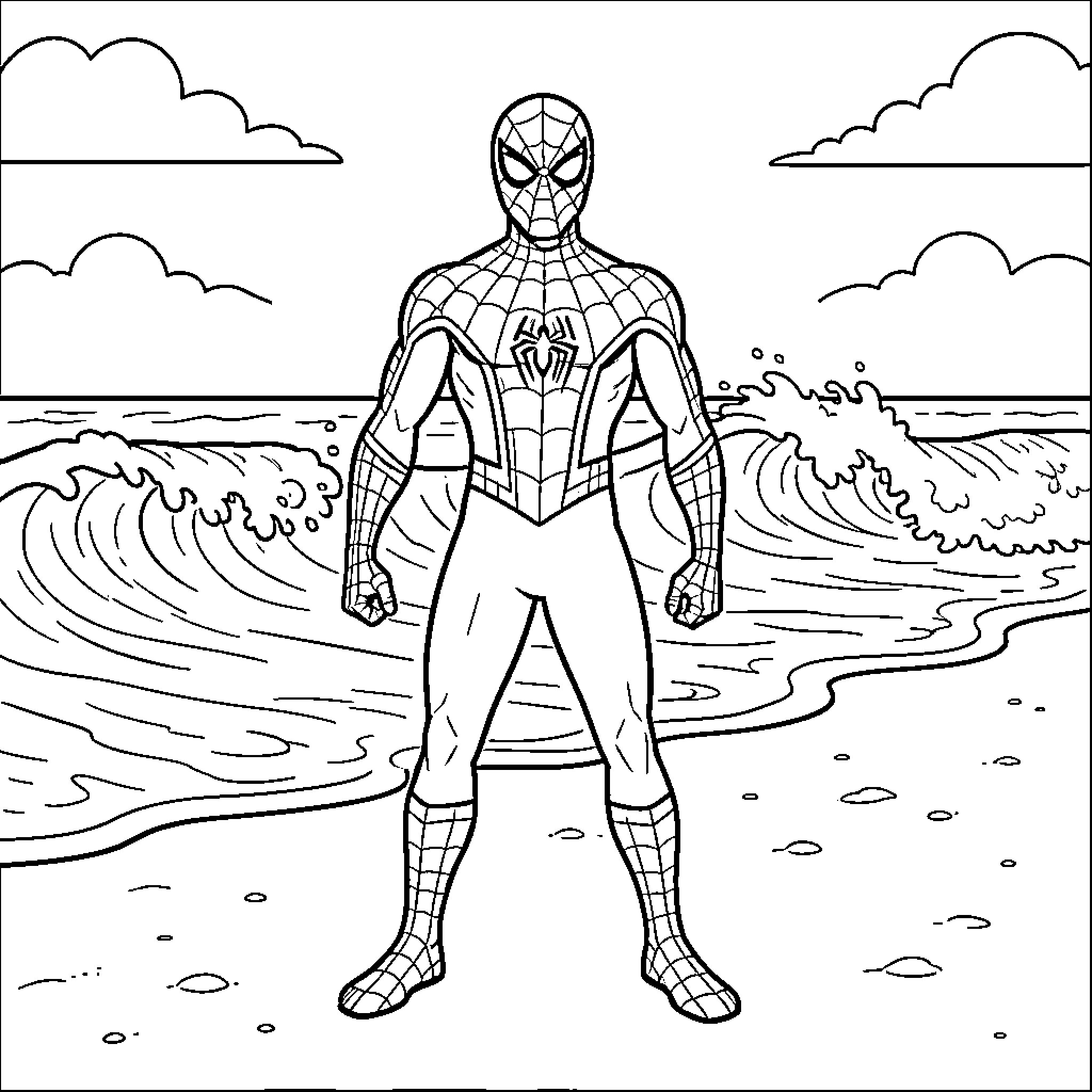 Spider-Man standing heroically on a beach near waves Coloring Page (free black-and-white line drawing printable PDF for all, from beginners to advanced learners, including children, teens, adults, and seniors)