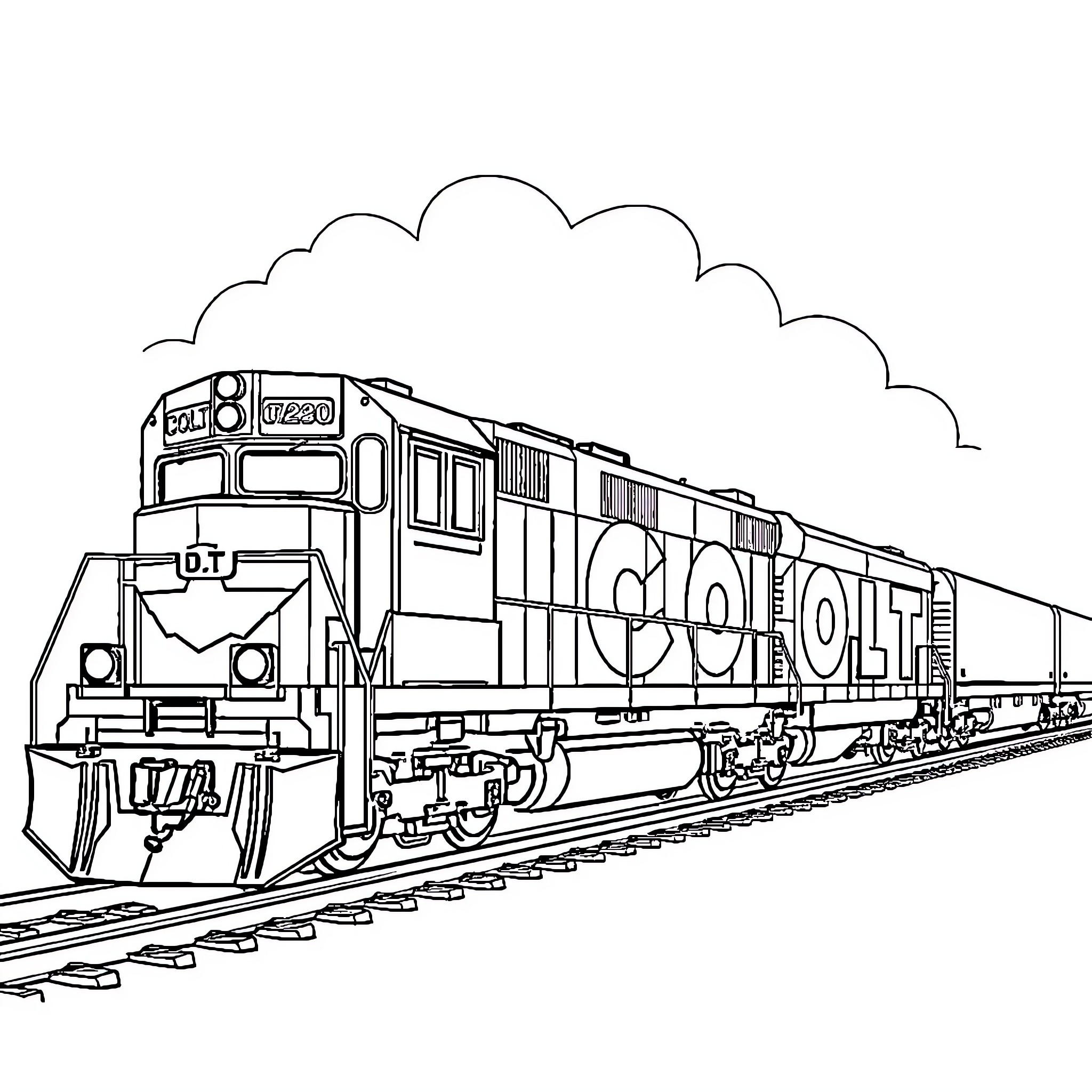 Freight Train Carrying Heavy Load on Tracks Coloring Page (free black-and-white line drawing printable PDF for all, from beginners to advanced learners, including children, teens, adults, and seniors)