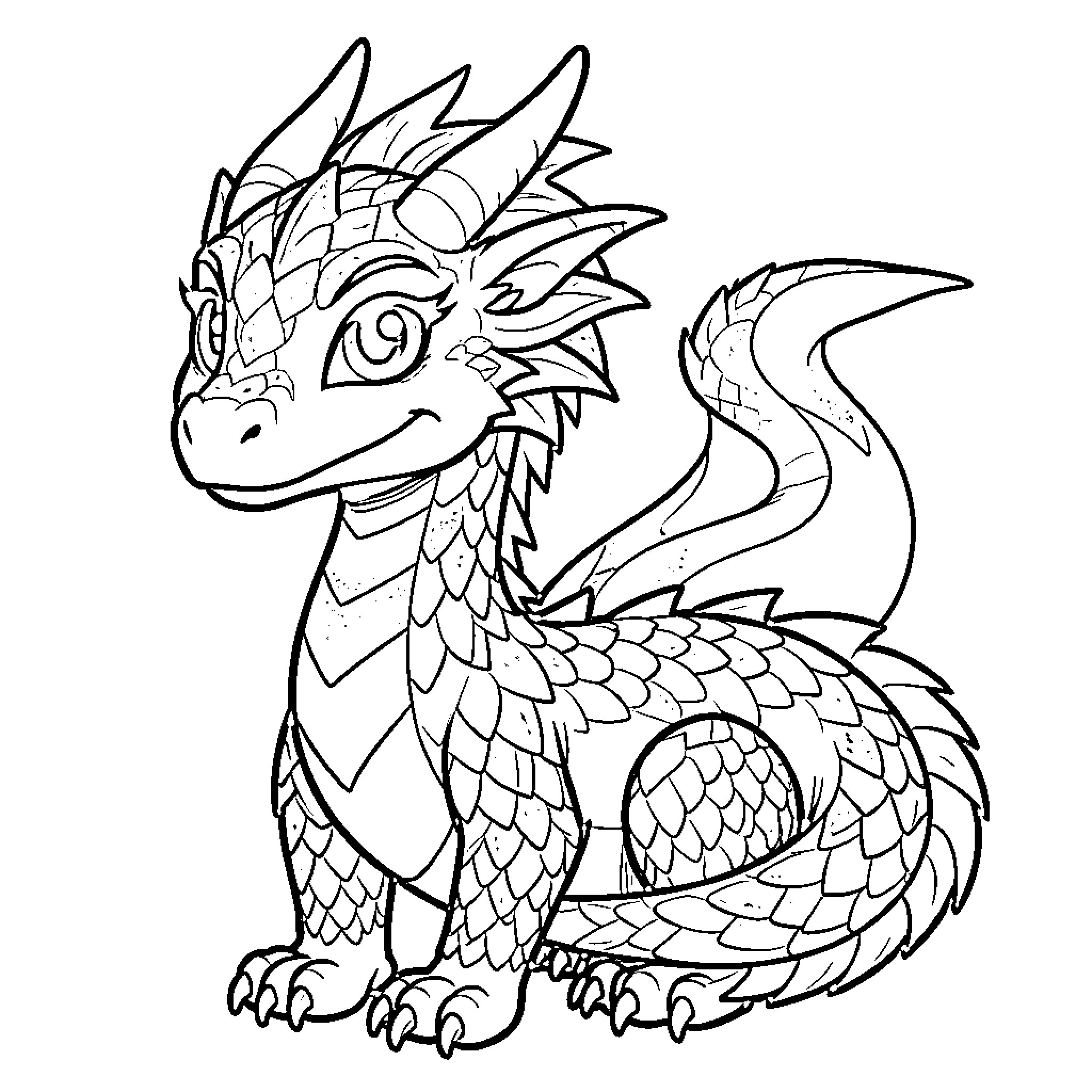 Dragon with intricate scales and spikes Coloring Page (free black-and-white line drawing printable PDF for all, from beginners to advanced learners, including children, teens, adults, and seniors)