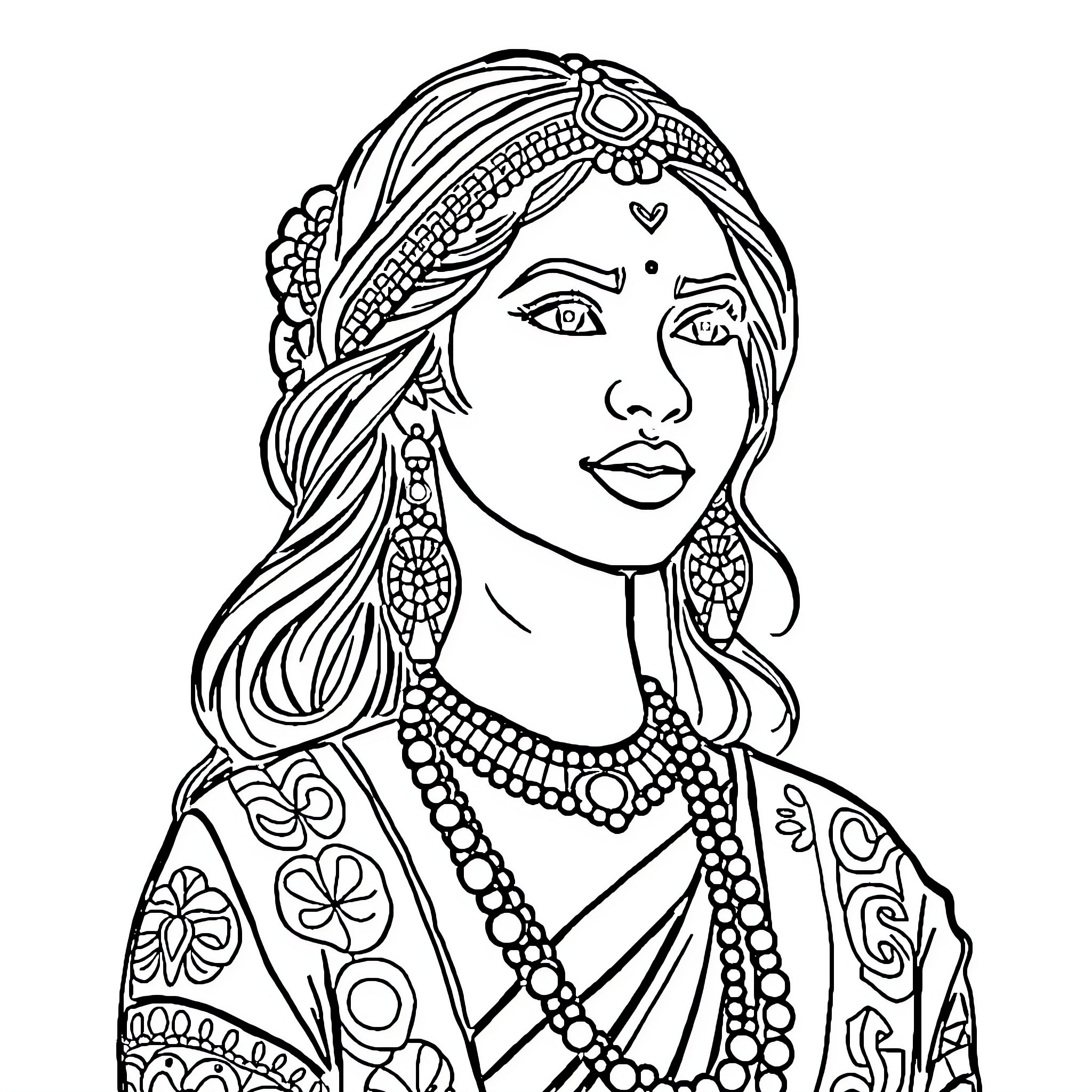 Bhabhi adorned in intricate jewelry and traditional attire Coloring Page (free black-and-white line drawing printable PDF for all, from beginners to advanced learners, including children, teens, adults, and seniors)