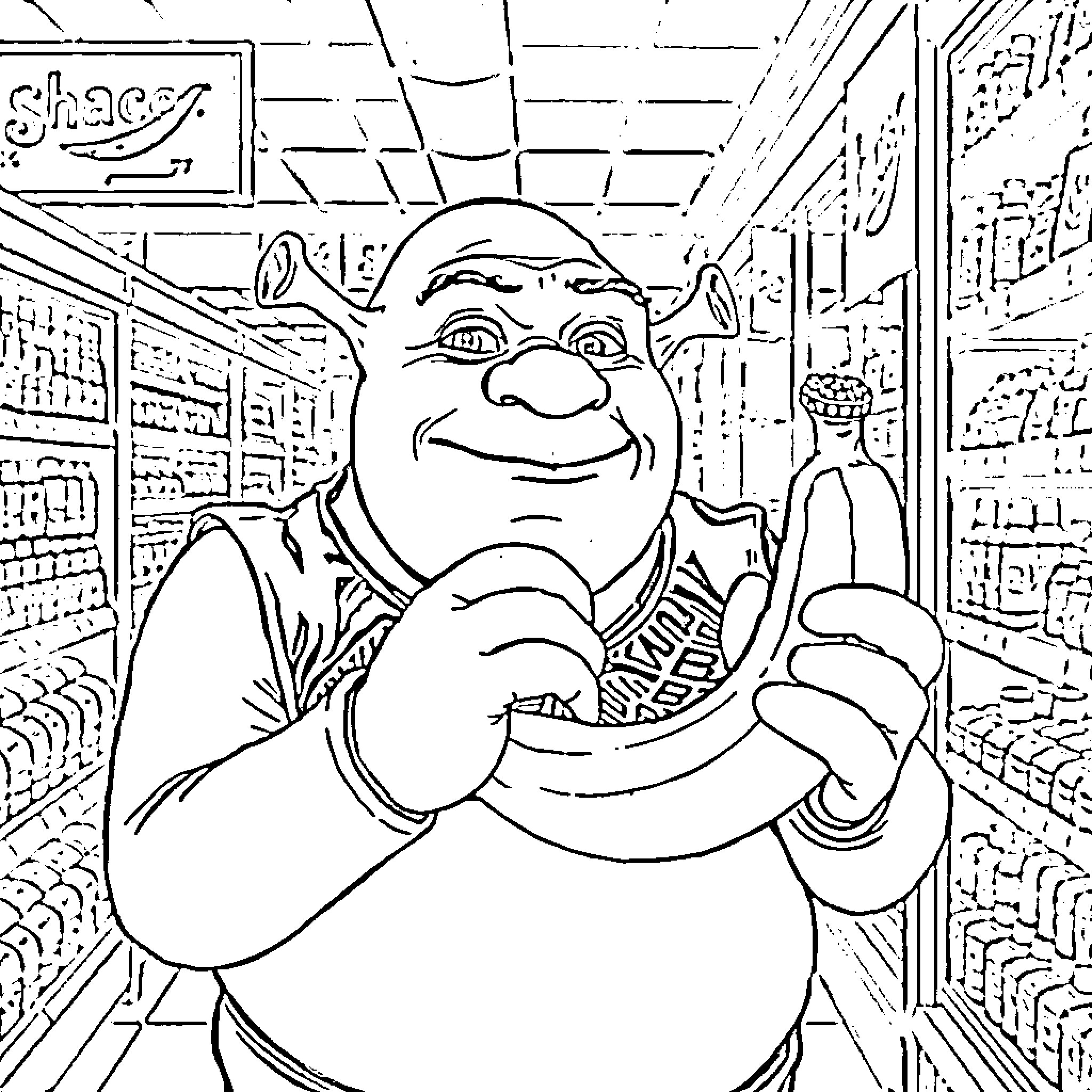 Shrek explores a grocery store with excitement Coloring Page (free black-and-white line drawing printable PDF for all, from beginners to advanced learners, including children, teens, adults, and seniors)
