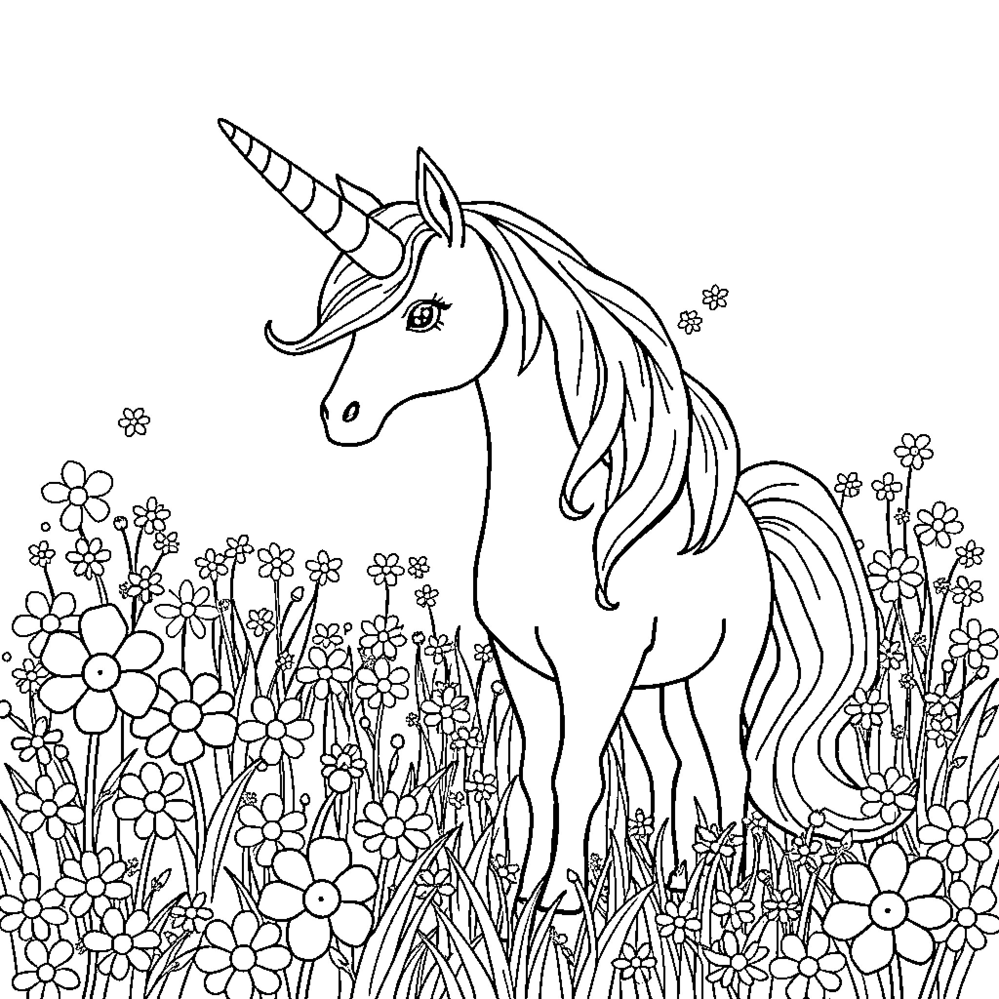 Unicorn standing in a field of flowers Coloring Page (free black-and-white line drawing printable PDF for all, from beginners to advanced learners, including children, teens, adults, and seniors)