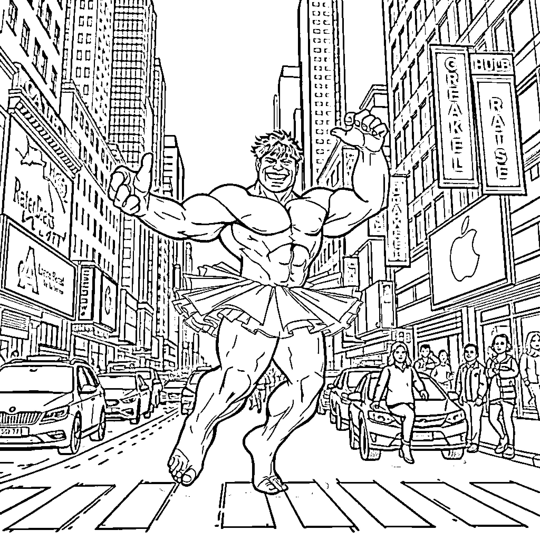 Hulk Rampaging Through the City Streets Coloring Page (free black-and-white line drawing printable PDF for all, from beginners to advanced learners, including children, teens, adults, and seniors)
