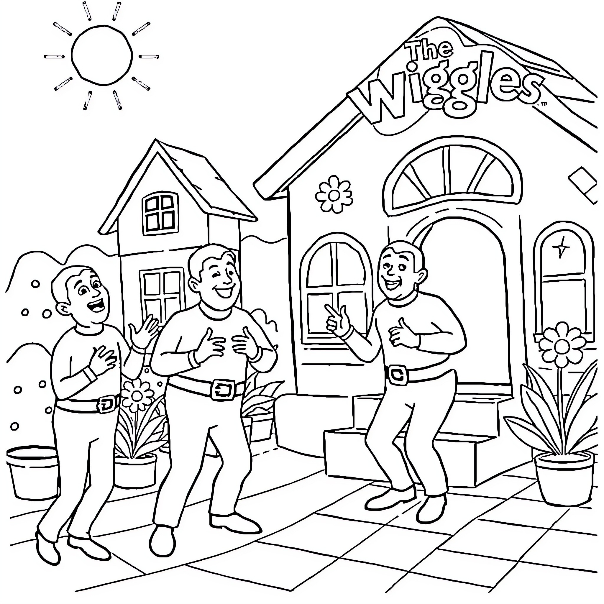 Wiggles characters explore their colorful world Coloring Page (free black-and-white line drawing printable PDF for all, from beginners to advanced learners, including children, teens, adults, and seniors)