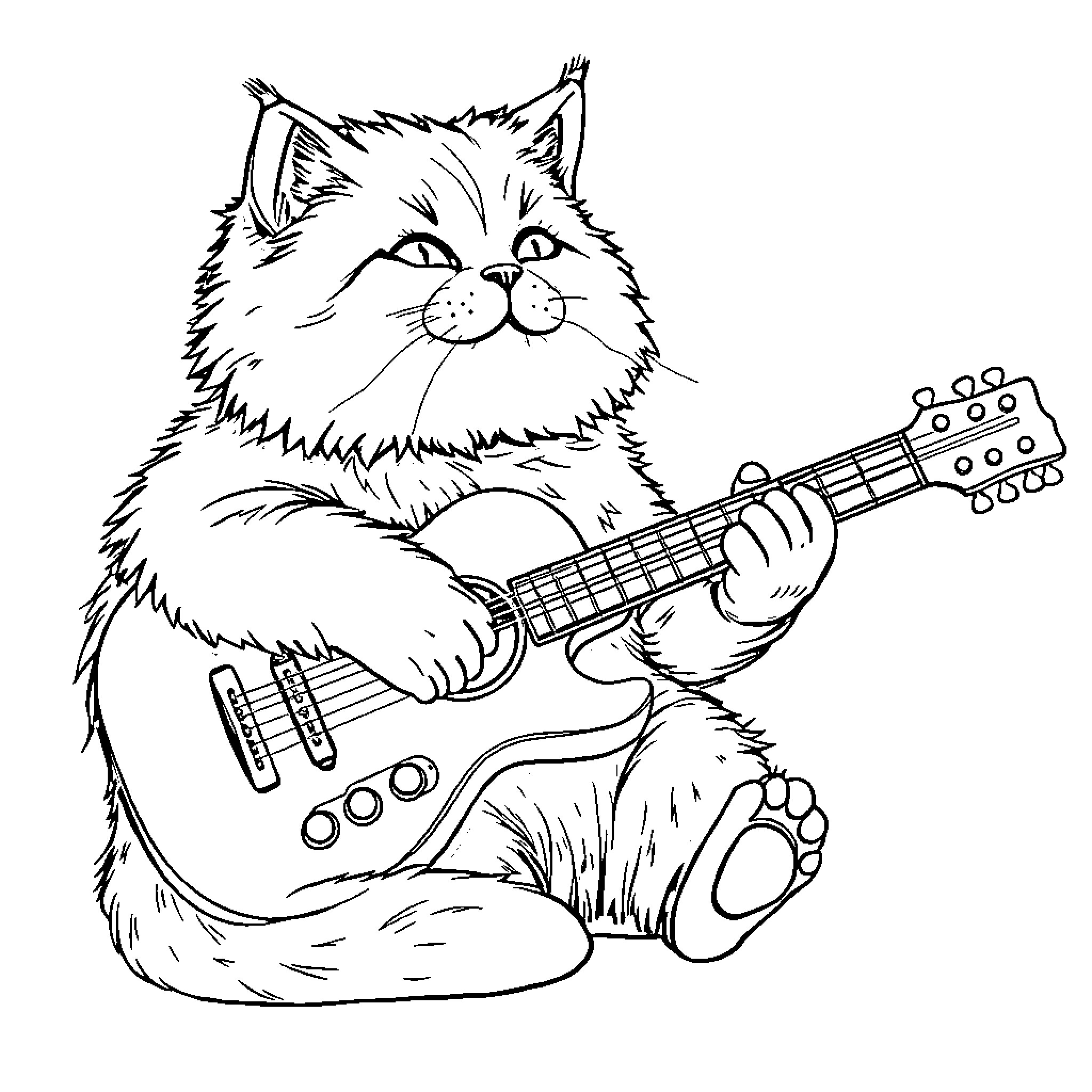 Cat playing guitar in artistic illustration Coloring Page (free black-and-white line drawing printable PDF for all, from beginners to advanced learners, including children, teens, adults, and seniors)