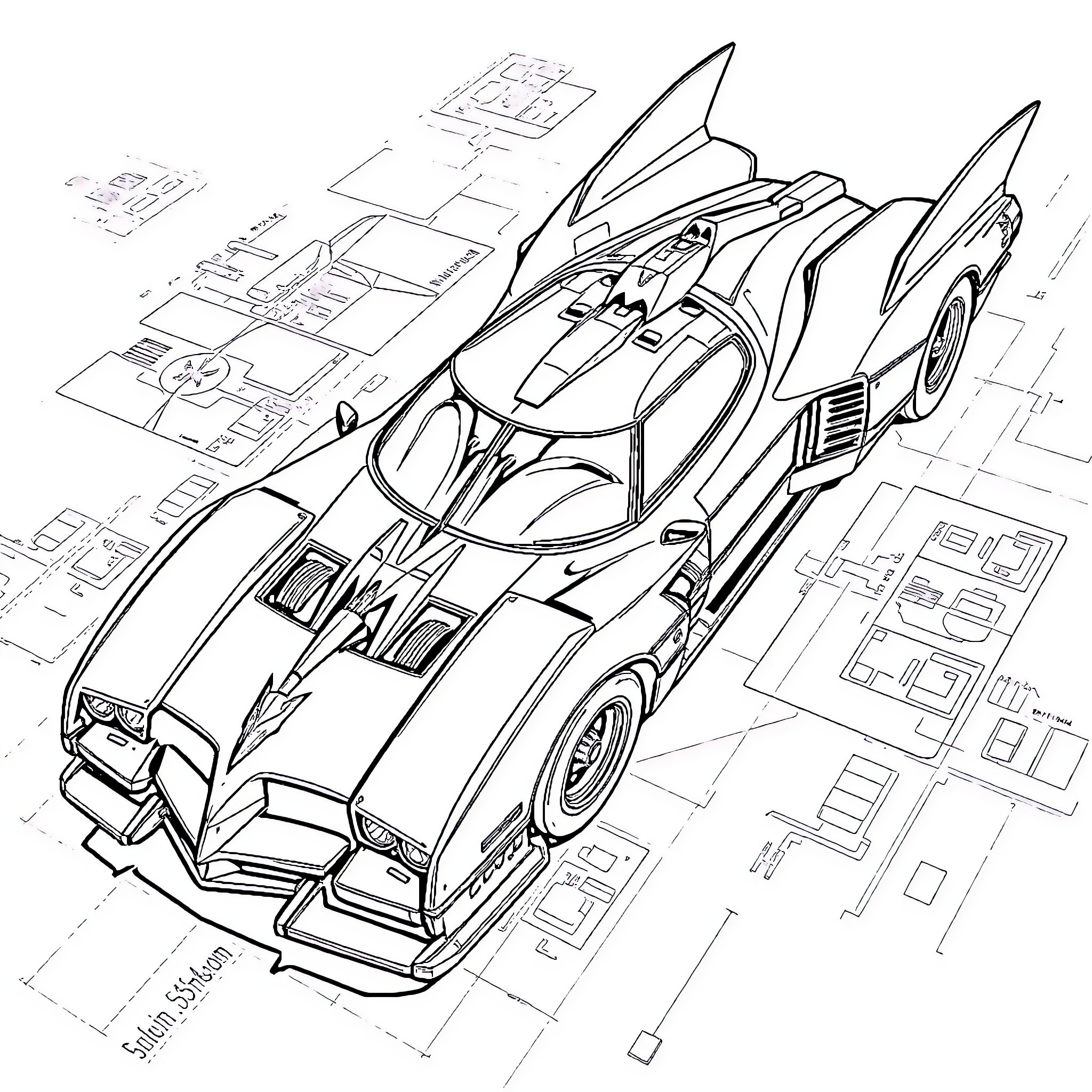 Batmobile Soaring Through Futuristic Cityscape Coloring Page (free black-and-white line drawing printable PDF for all, from beginners to advanced learners, including children, teens, adults, and seniors)