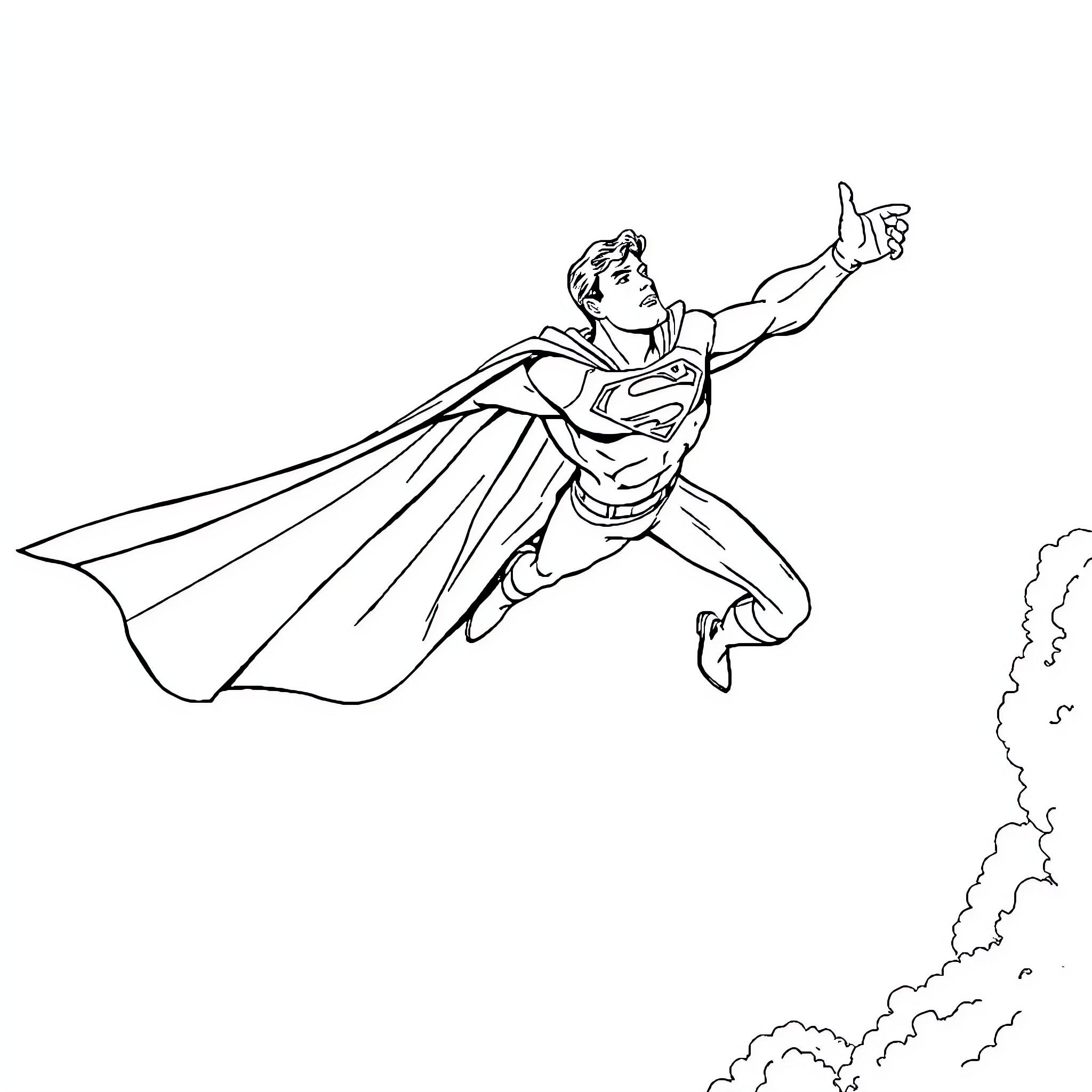 Superman soaring through the sky with determination Coloring Page (free black-and-white line drawing printable PDF for all, from beginners to advanced learners, including children, teens, adults, and seniors)