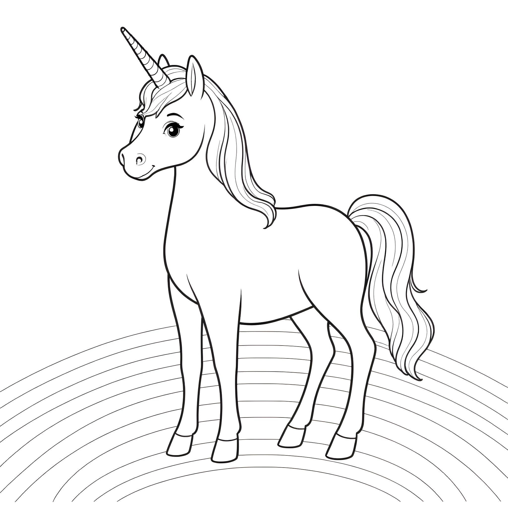 Unicorn standing on a rainbow Coloring Page (free black-and-white line drawing printable PDF for all, from beginners to advanced learners, including children, teens, adults, and seniors)