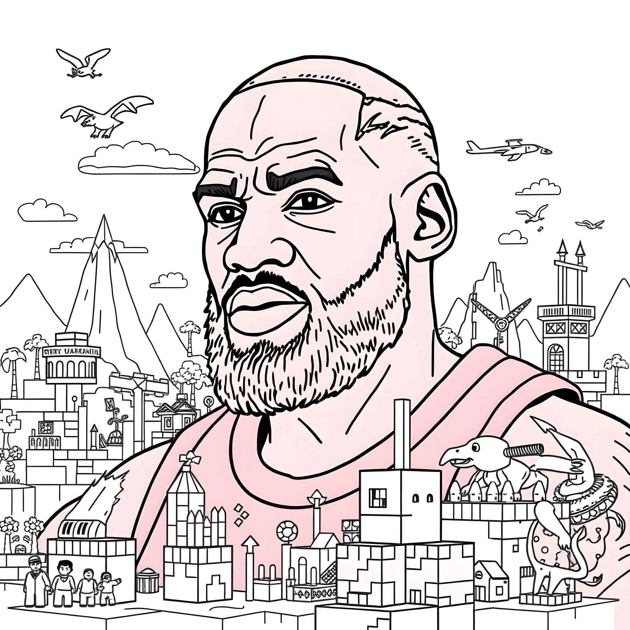 LeBron James in an artistic cityscape illustration Coloring Page (free black-and-white line drawing printable PDF for all, from beginners to advanced learners, including children, teens, adults, and seniors)