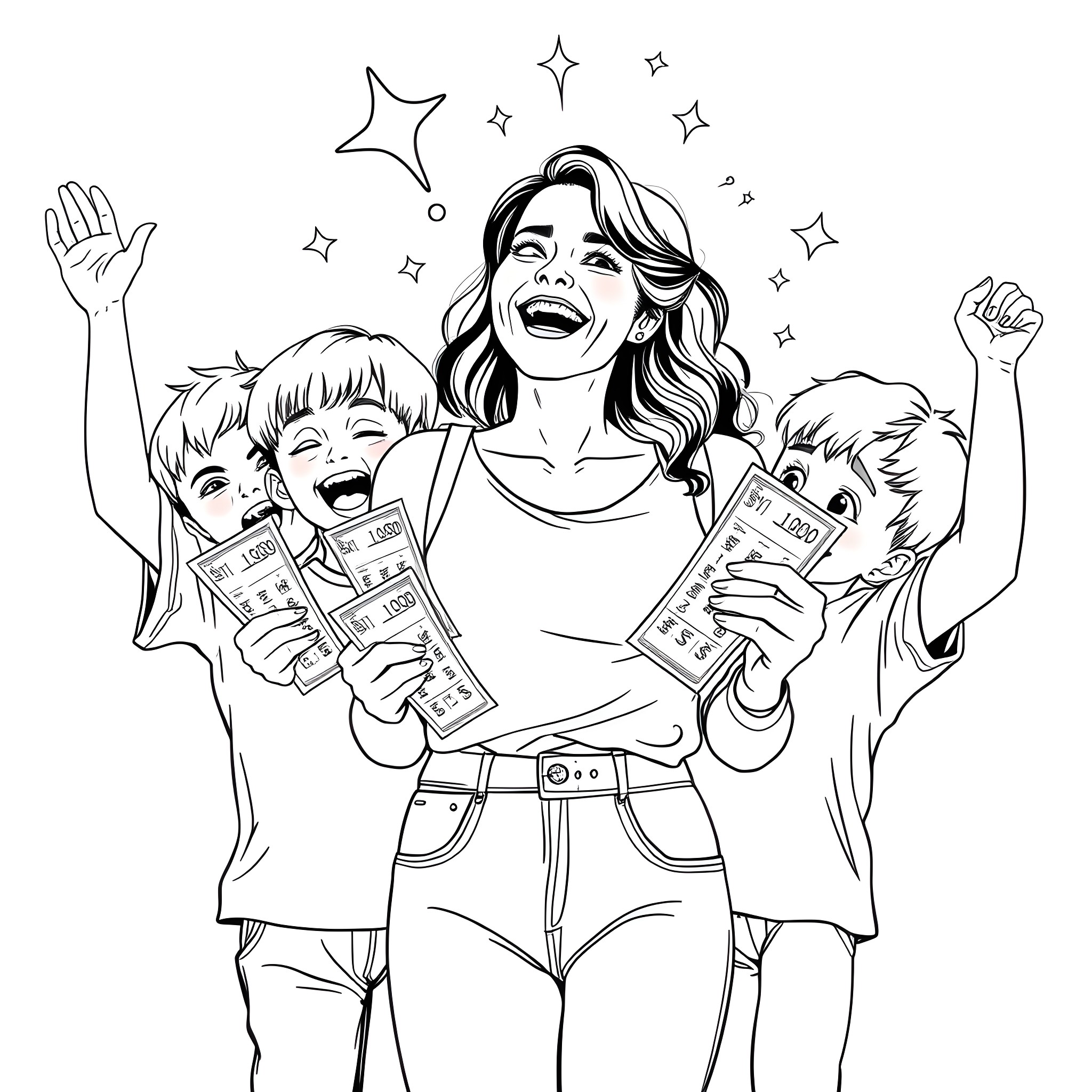 Mother and her children celebrating with joy Coloring Page (free black-and-white line drawing printable PDF for all, from beginners to advanced learners, including children, teens, adults, and seniors)
