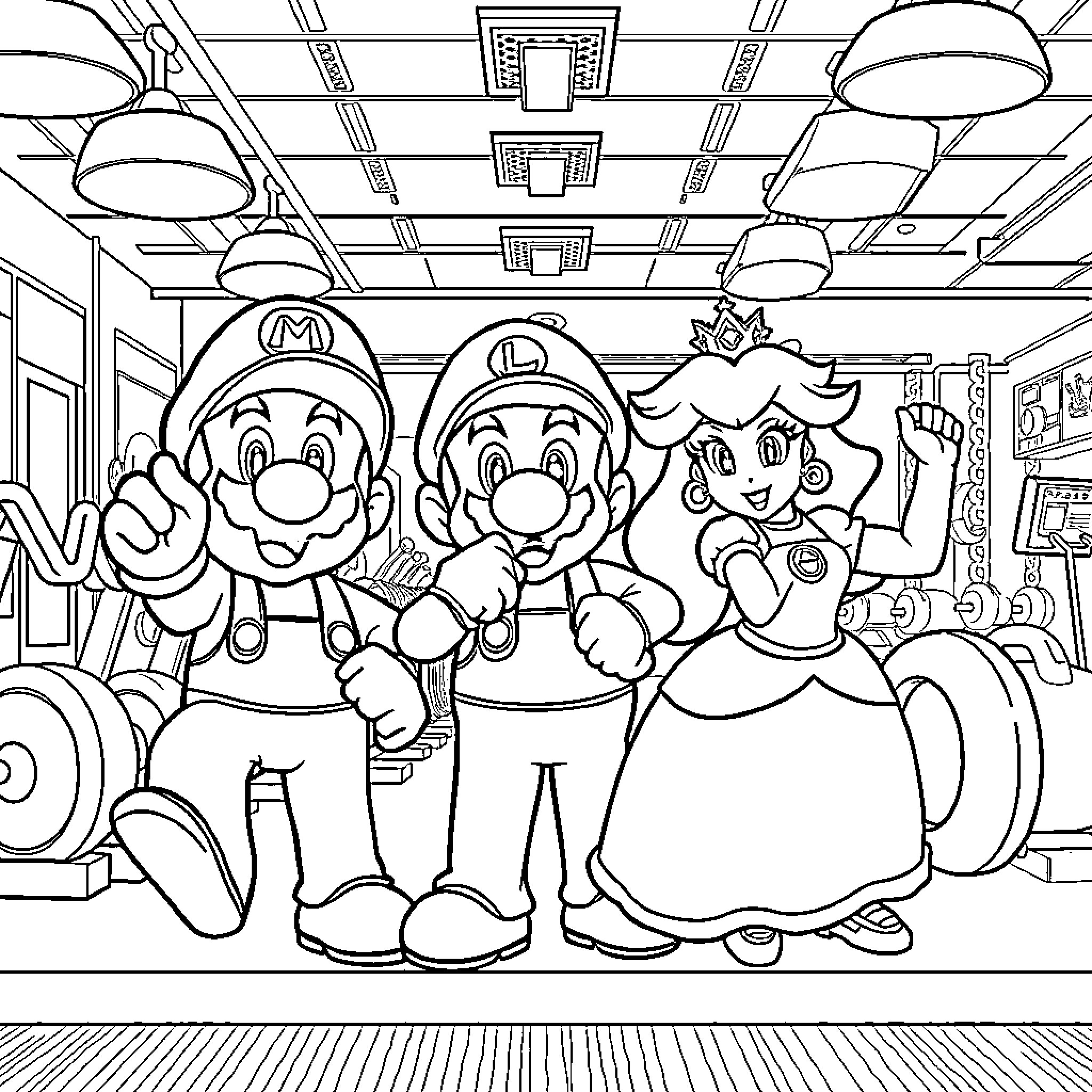 Super Mario and Friends Adventure in the Arcade Coloring Page (free black-and-white line drawing printable PDF for all, from beginners to advanced learners, including children, teens, adults, and seniors)