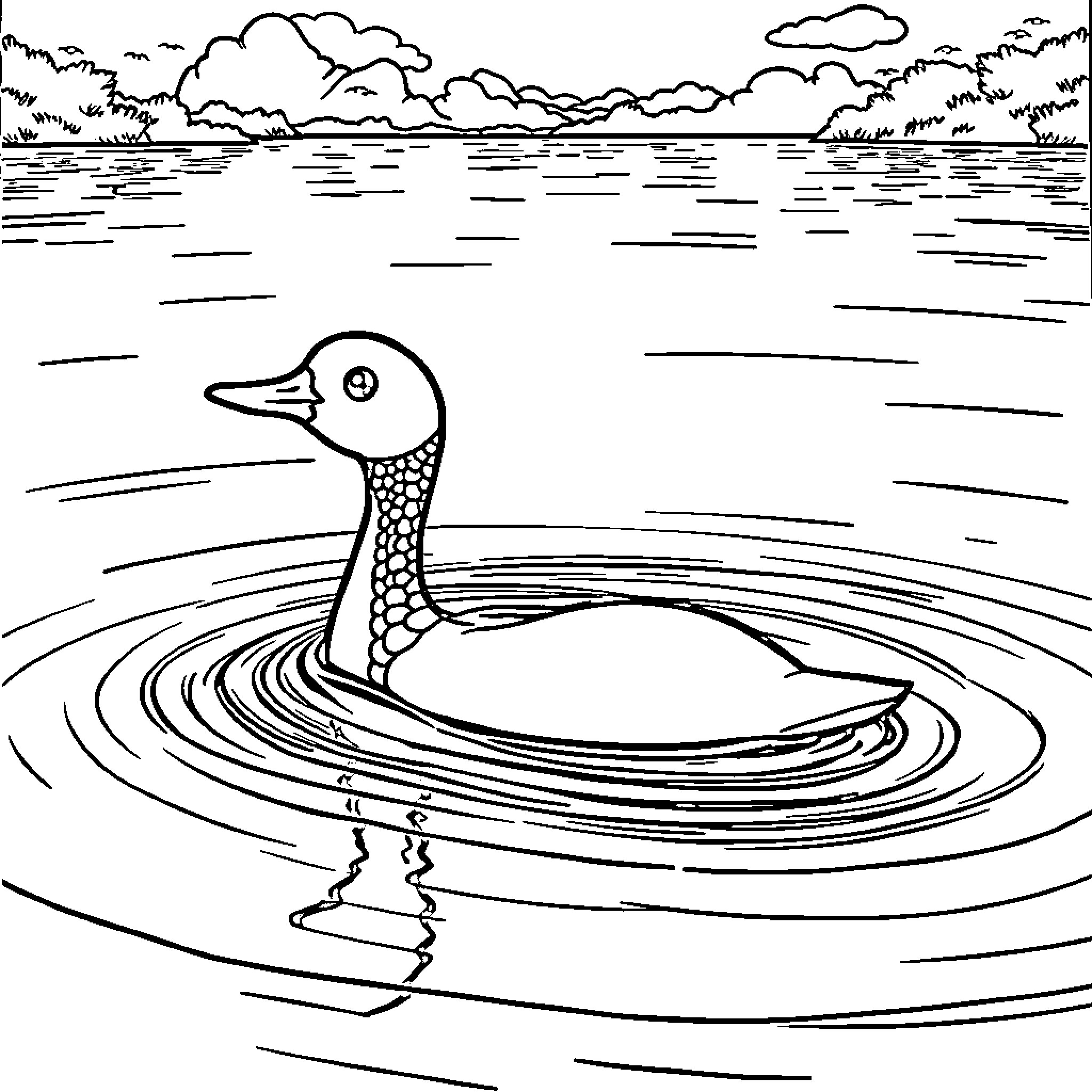 Duck Swimming Peacefully in Serene Lake Coloring Page (free black-and-white line drawing printable PDF for all, from beginners to advanced learners, including children, teens, adults, and seniors)