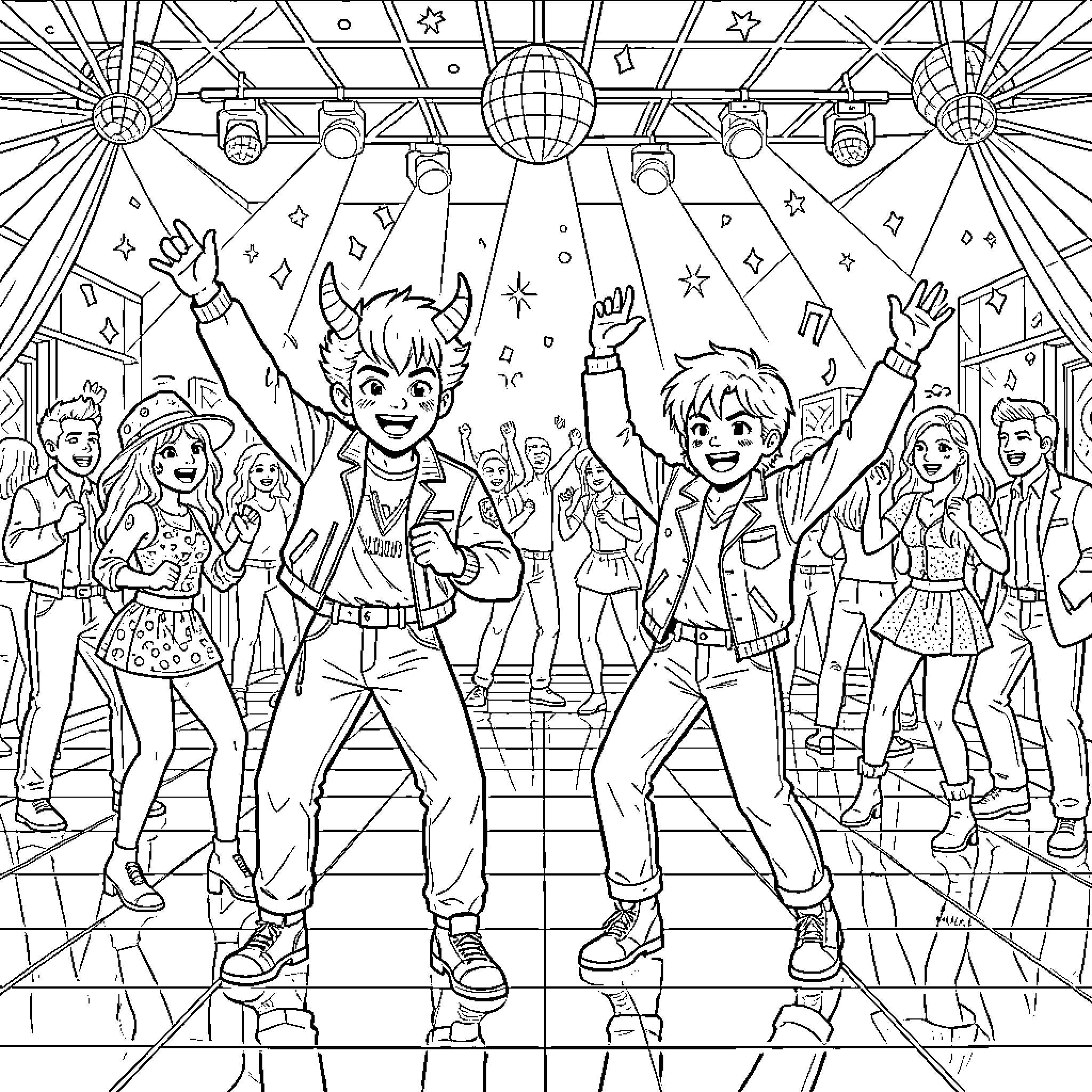 Characters dancing joyfully at a disco party Coloring Page (free black-and-white line drawing printable PDF for all, from beginners to advanced learners, including children, teens, adults, and seniors)