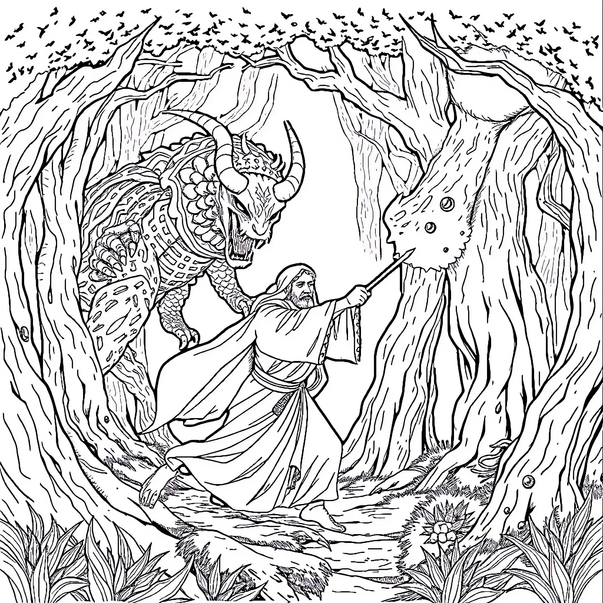 Rumi's Encounter with Magical Creatures in the Enchanted Forest Coloring Page (free black-and-white line drawing printable PDF for all, from beginners to advanced learners, including children, teens, adults, and seniors)