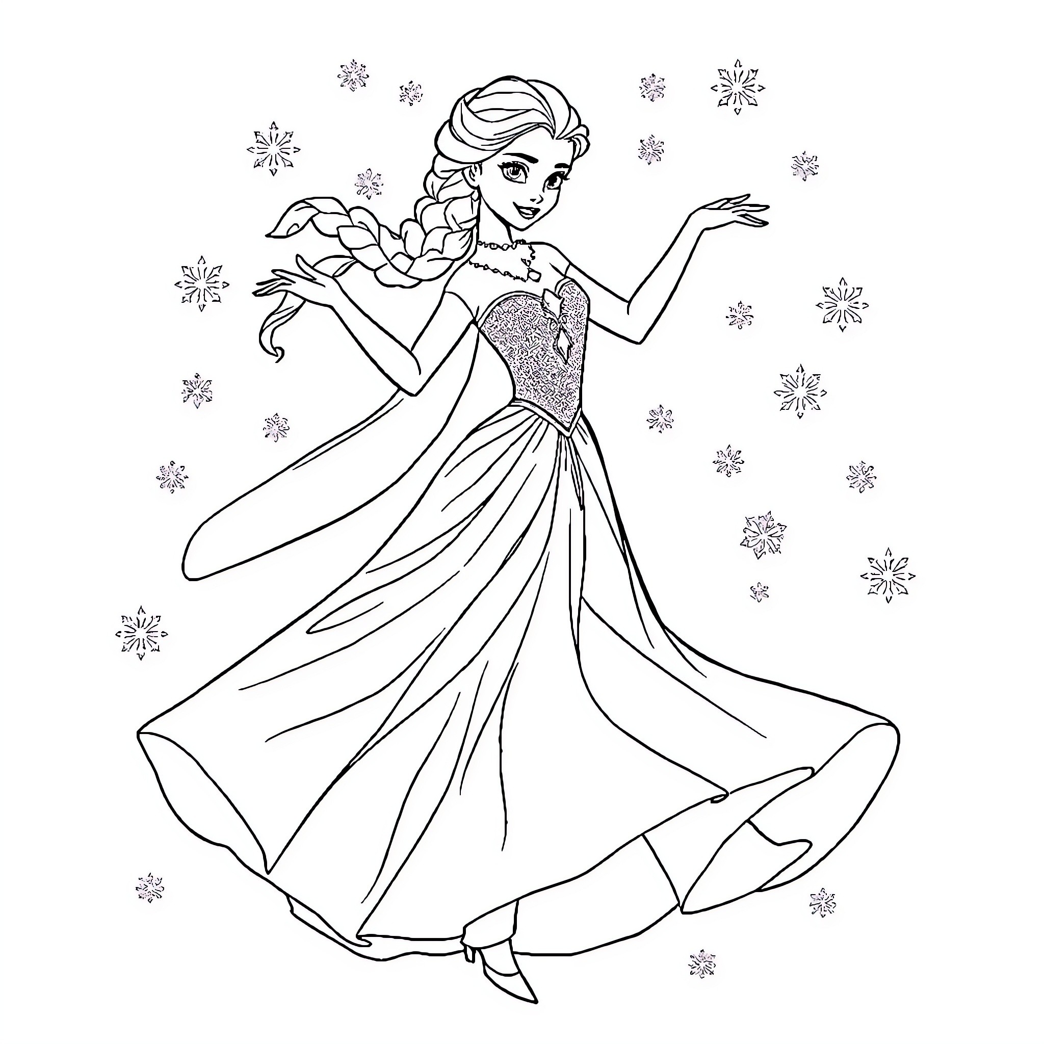 Elsa's Magical Snowflake Dance Coloring Page (free black-and-white line drawing printable PDF for all, from beginners to advanced learners, including children, teens, adults, and seniors)