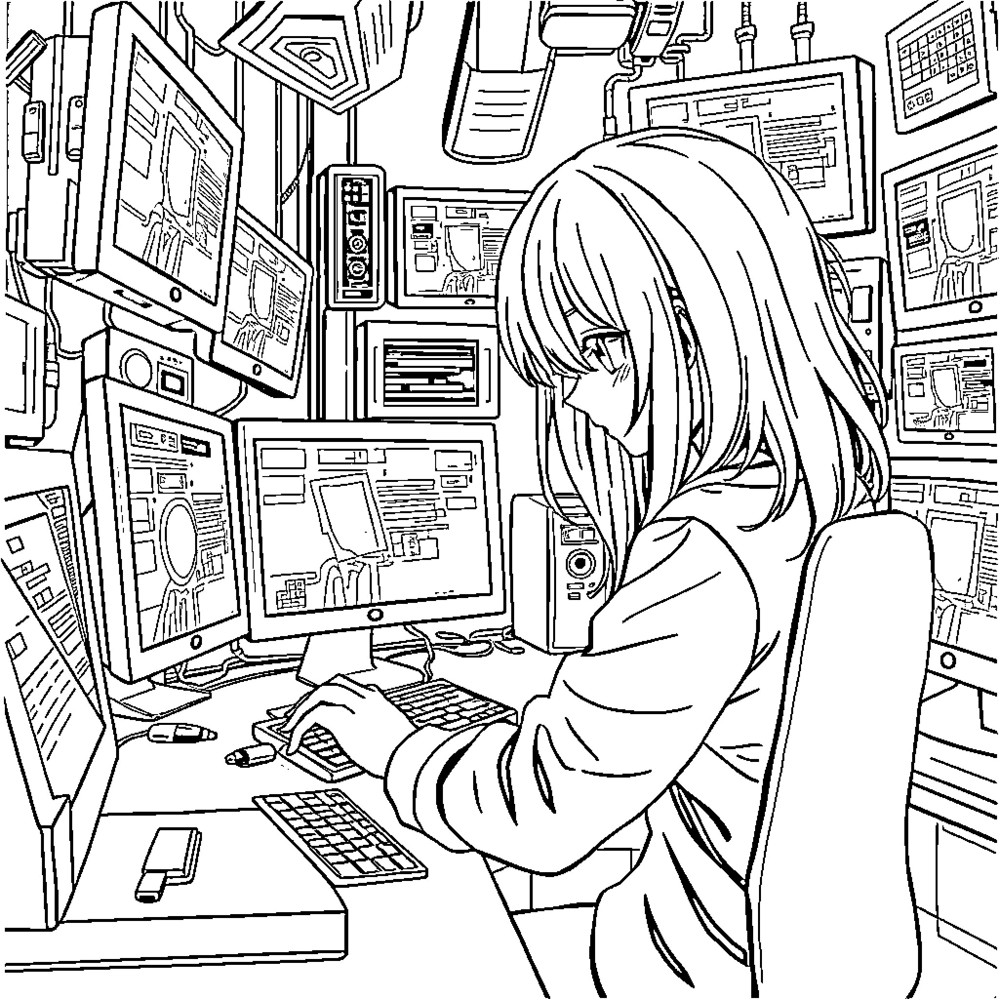 Anime Girl Intensely Focused on Computer Programming Coloring Page (free black-and-white line drawing printable PDF for all, from beginners to advanced learners, including children, teens, adults, and seniors)