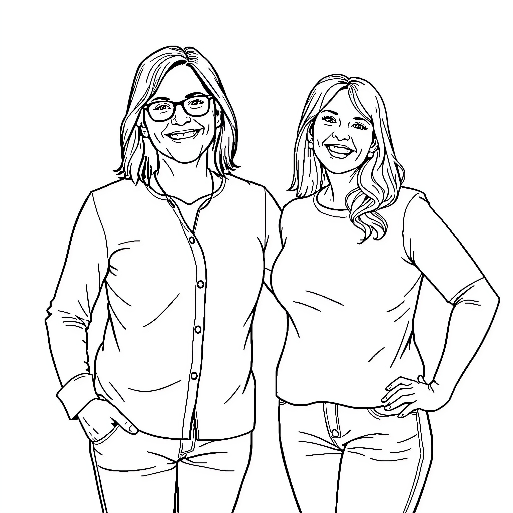 Pat and Pat Smiling Together Coloring Page (free black-and-white line drawing printable PDF for all, from beginners to advanced learners, including children, teens, adults, and seniors)