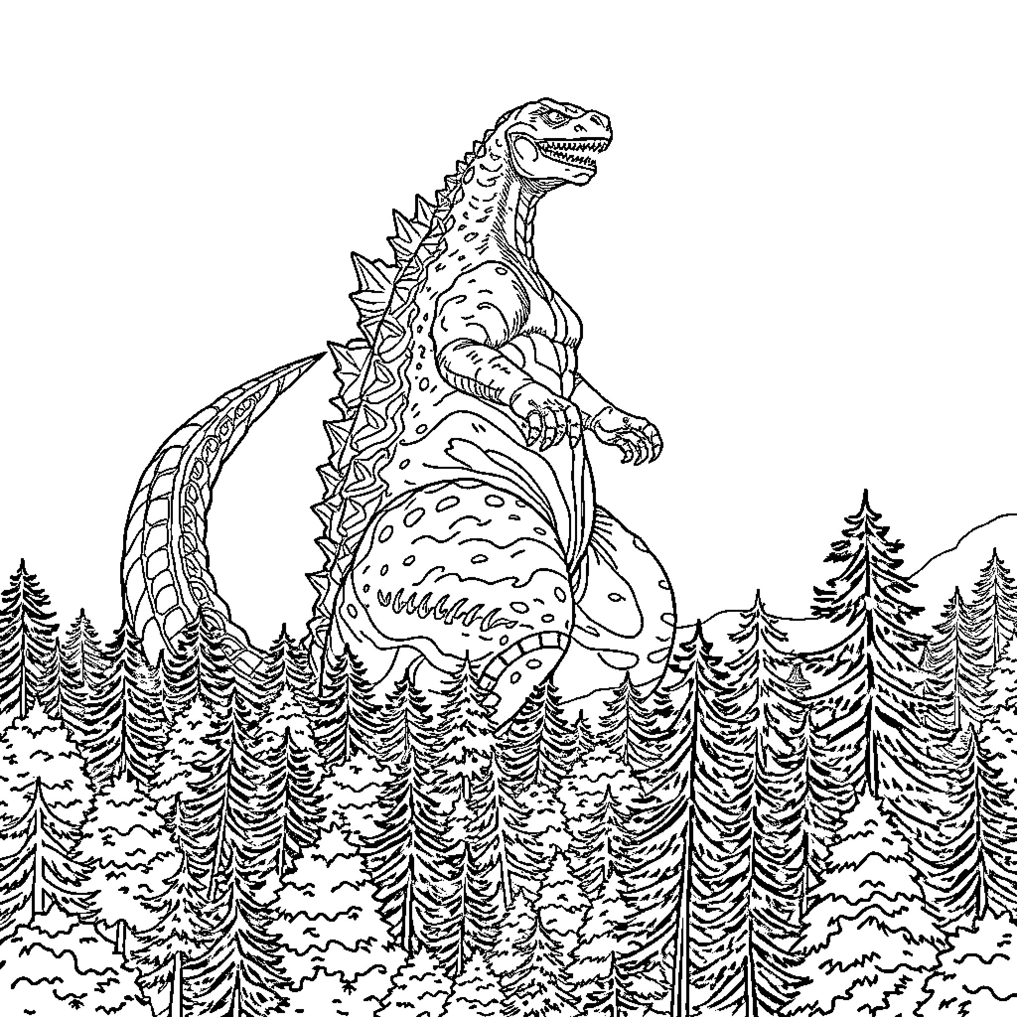 Godzilla Stomping Through a Forested Landscape Coloring Page (free black-and-white line drawing printable PDF for all, from beginners to advanced learners, including children, teens, adults, and seniors)