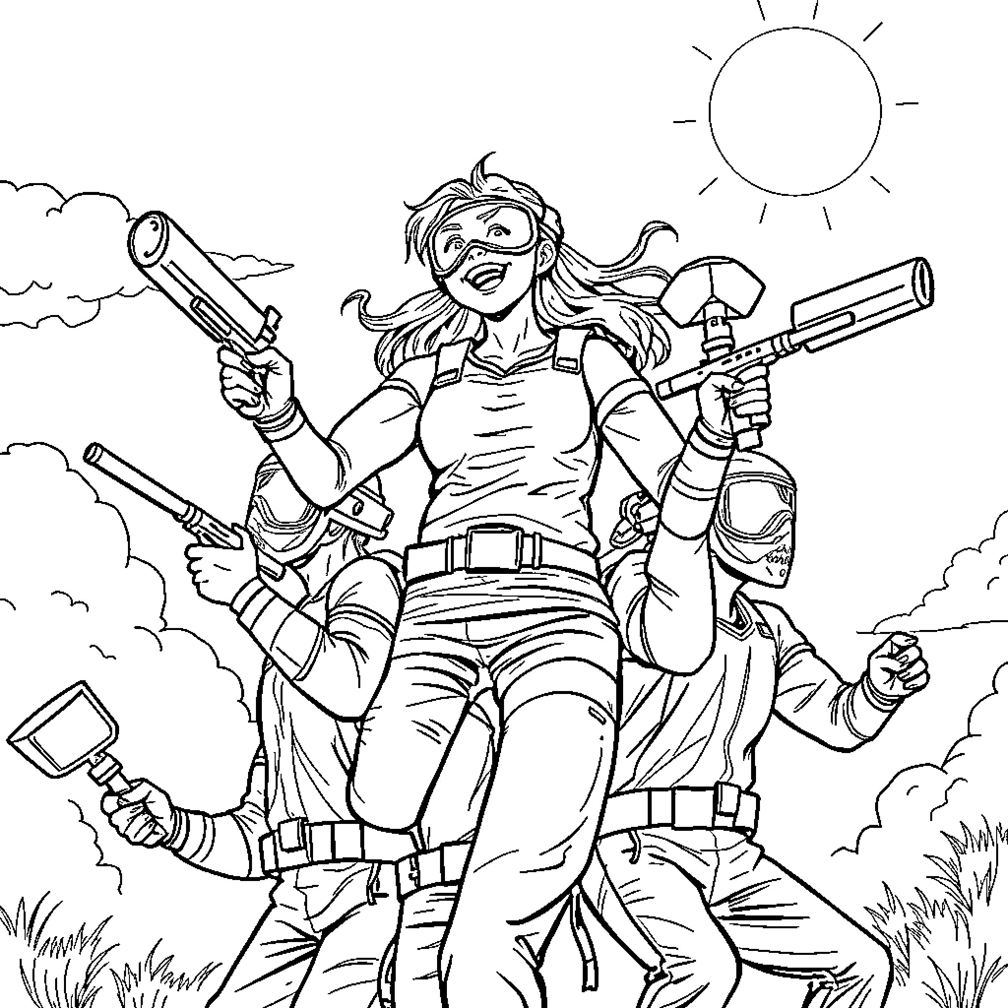 Artemis Blasting with Determination in the Wilderness Coloring Page (free black-and-white line drawing printable PDF for all, from beginners to advanced learners, including children, teens, adults, and seniors)