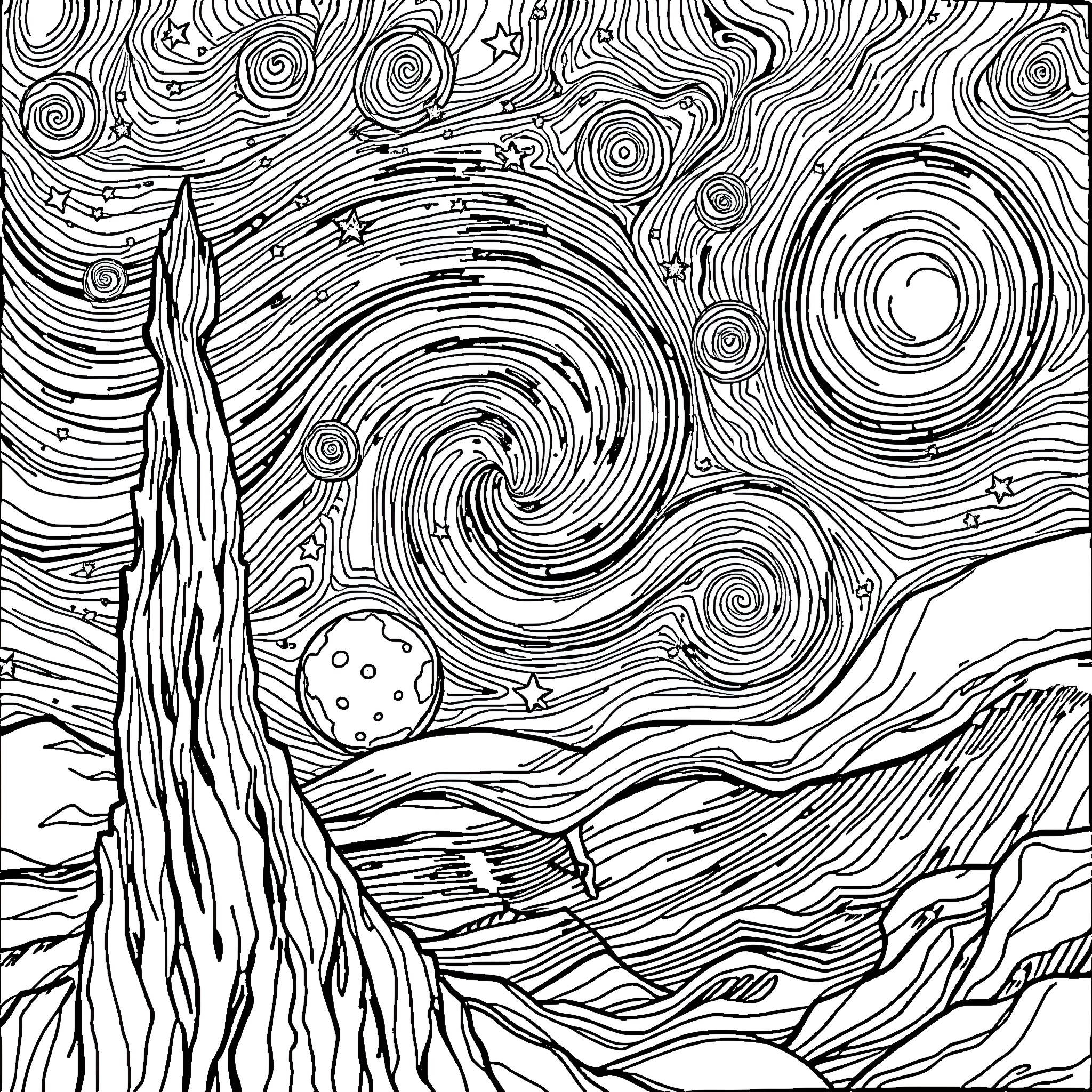 Night Sky Swirls and Celestial Landscape Coloring Page (free black-and-white line drawing printable PDF for all, from beginners to advanced learners, including children, teens, adults, and seniors)