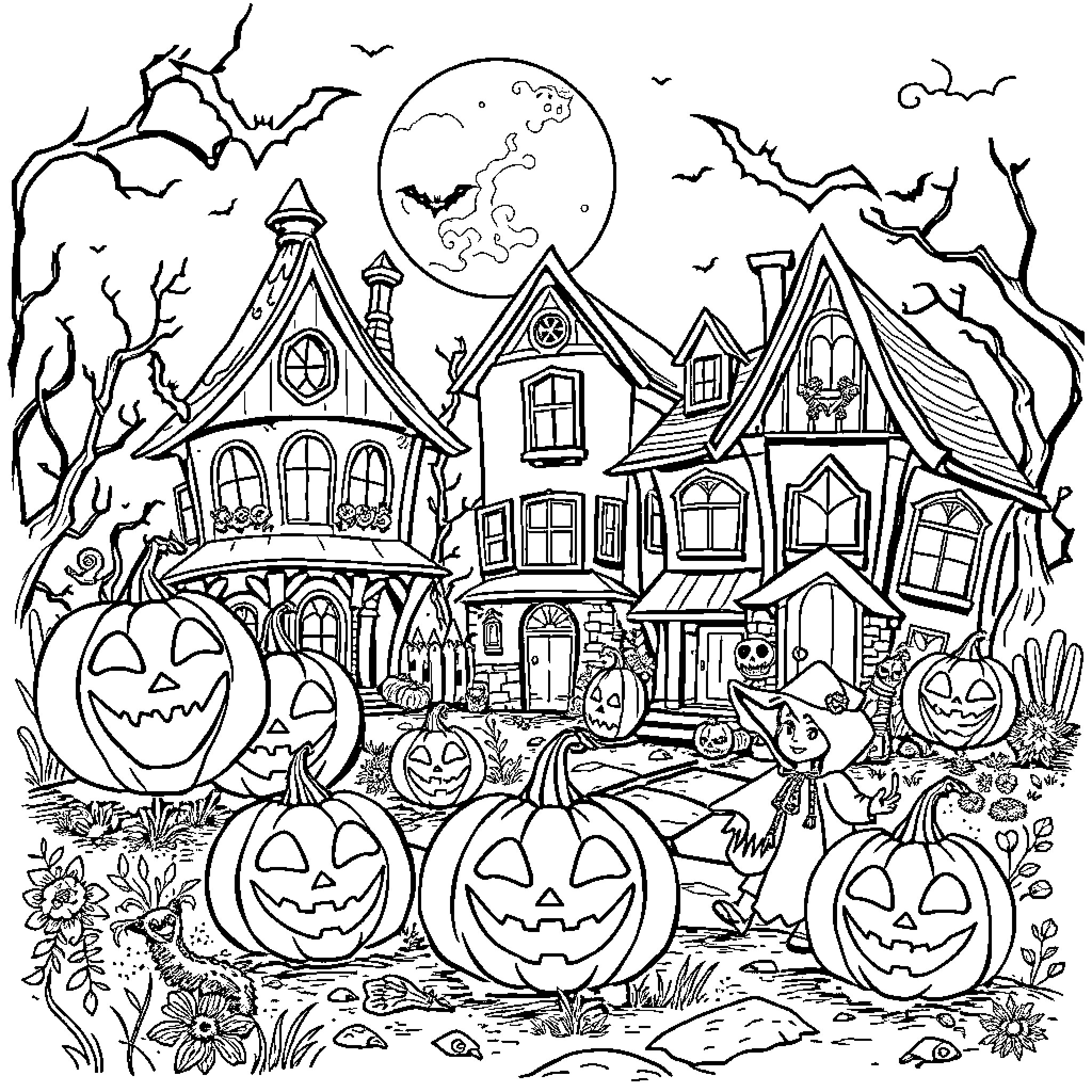 Halloween spooky haunted house scene with pumpkins Coloring Page (free black-and-white line drawing printable PDF for all, from beginners to advanced learners, including children, teens, adults, and seniors)