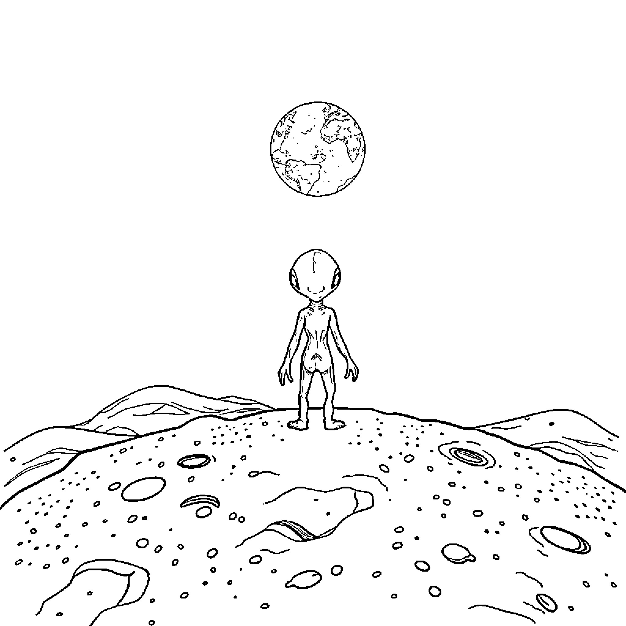 Alien exploring an alien landscape Coloring Page (free black-and-white line drawing printable PDF for all, from beginners to advanced learners, including children, teens, adults, and seniors)