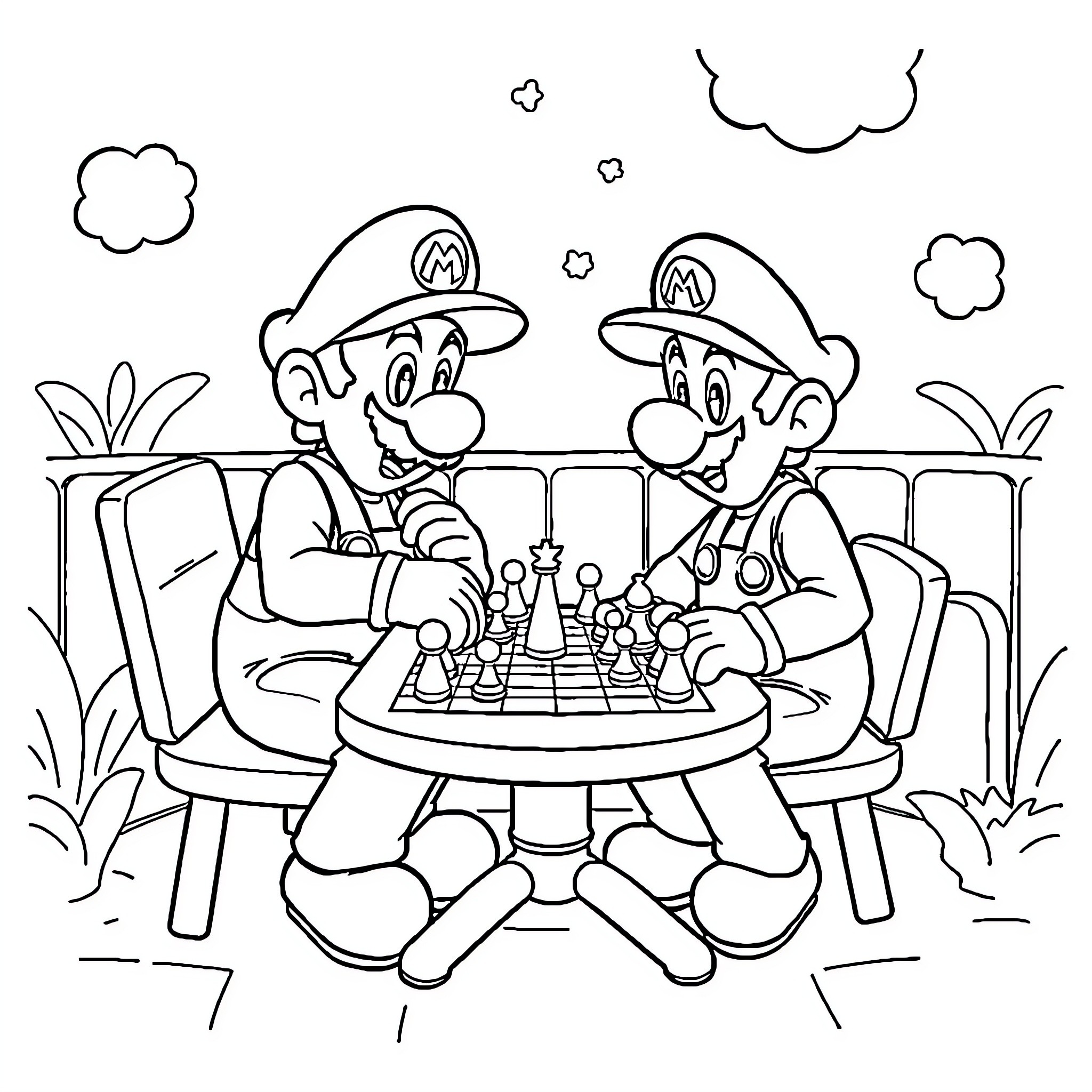 Mario Bros Playing Chess in Grassy Outdoors Coloring Page (free black-and-white line drawing printable PDF for all, from beginners to advanced learners, including children, teens, adults, and seniors)