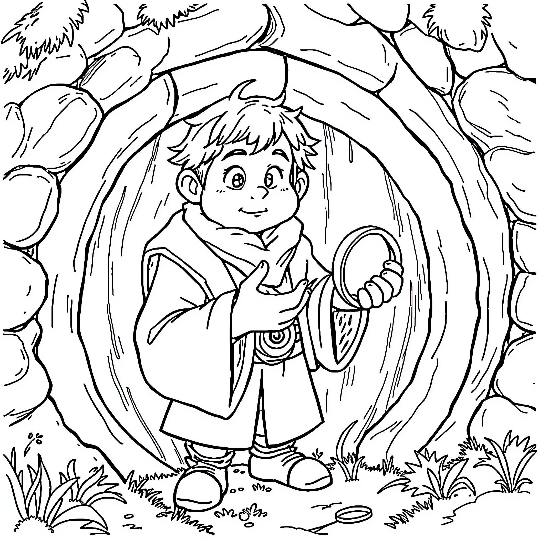Bilbo Baggins exploring the enchanting forest Coloring Page (free black-and-white line drawing printable PDF for all, from beginners to advanced learners, including children, teens, adults, and seniors)