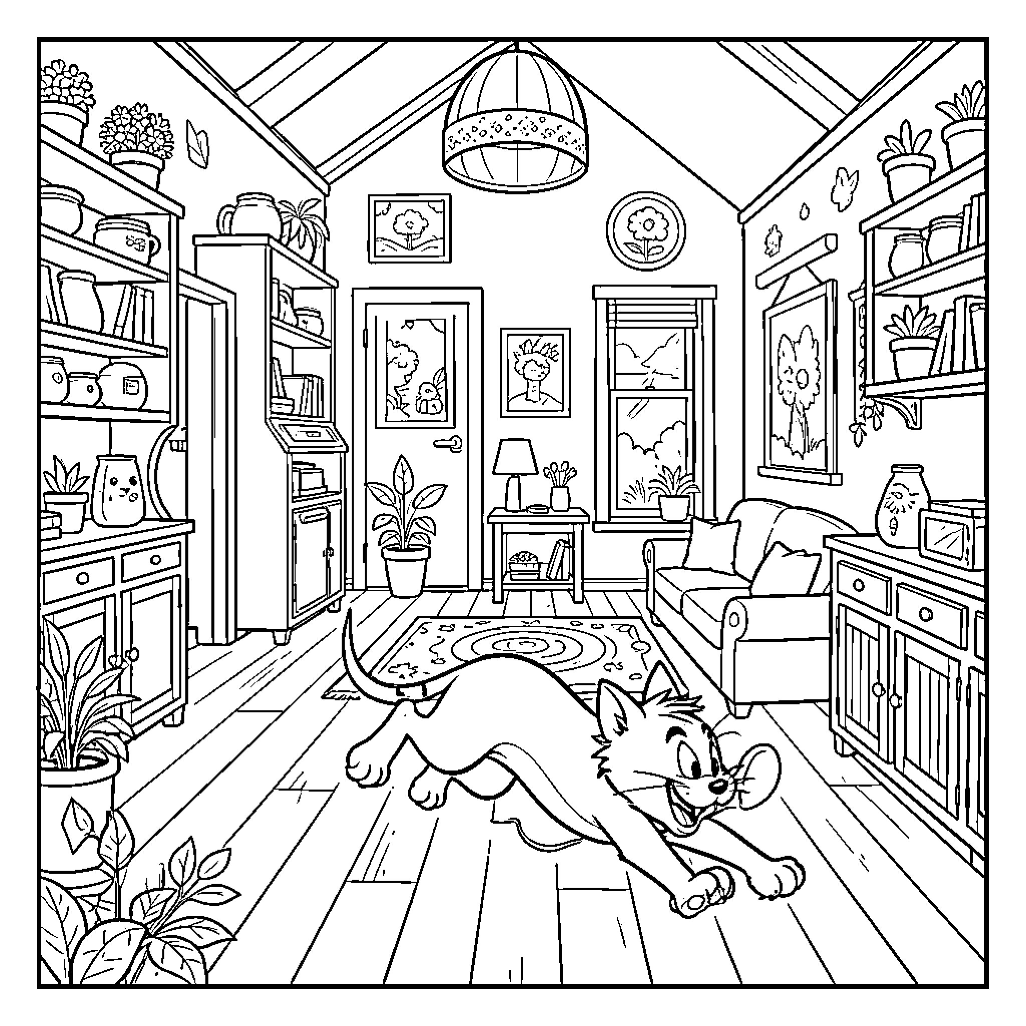 Tom and Jerry playing in cozy living room Coloring Page (free black-and-white line drawing printable PDF for all, from beginners to advanced learners, including children, teens, adults, and seniors)