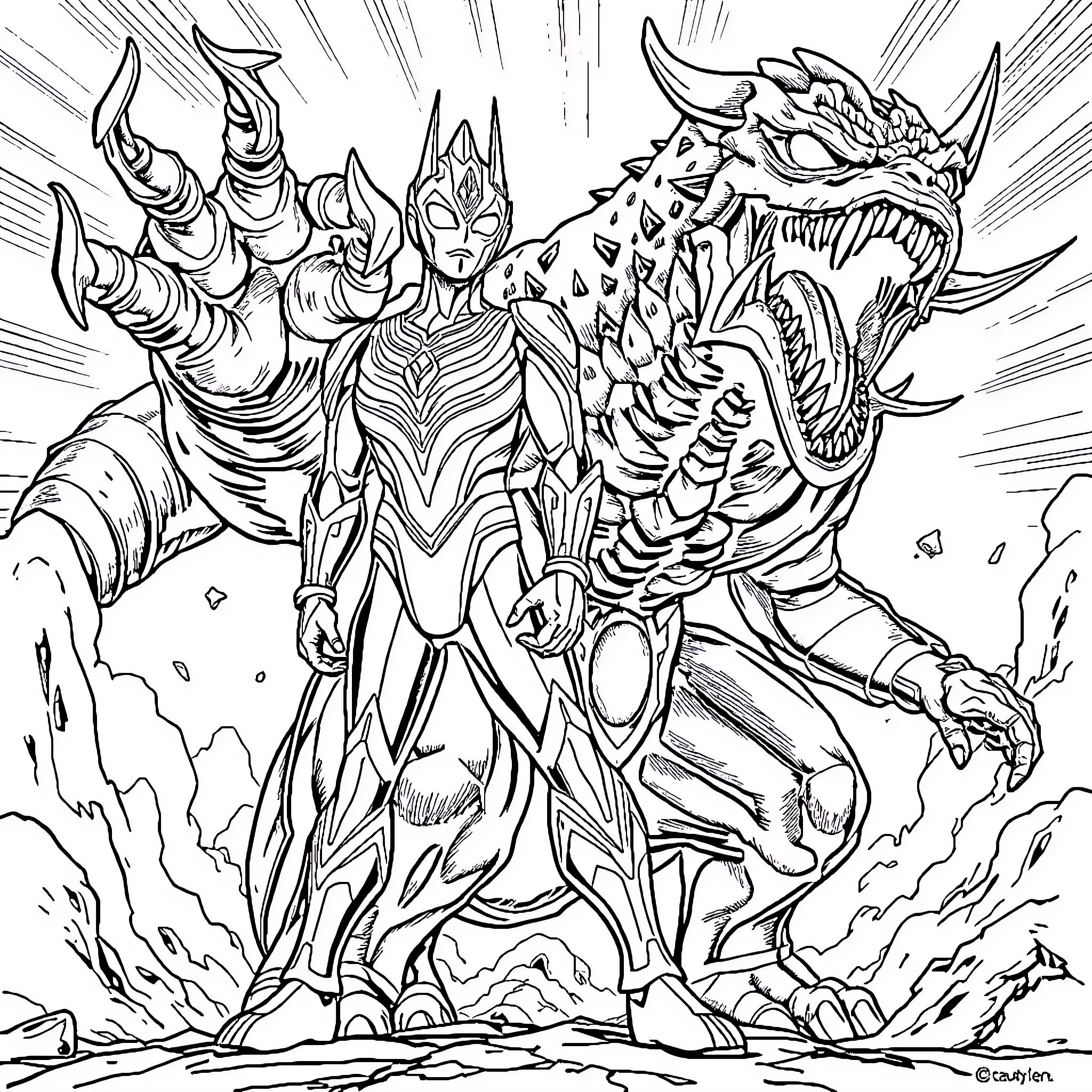 Ultraman Battling a Fierce Kaiju Coloring Page (free black-and-white line drawing printable PDF for all, from beginners to advanced learners, including children, teens, adults, and seniors)