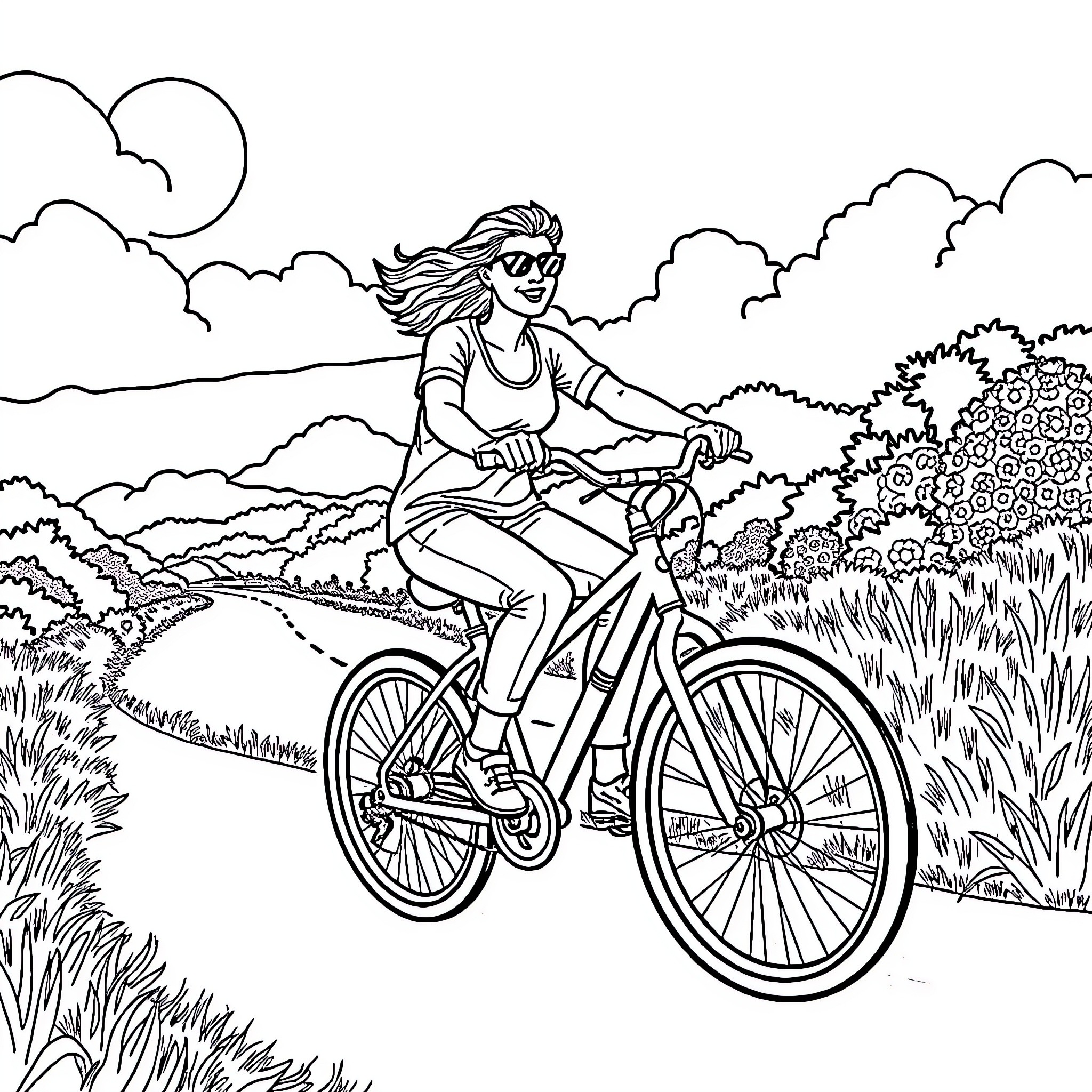 Bike ride through scenic countryside Coloring Page (free black-and-white line drawing printable PDF for all, from beginners to advanced learners, including children, teens, adults, and seniors)